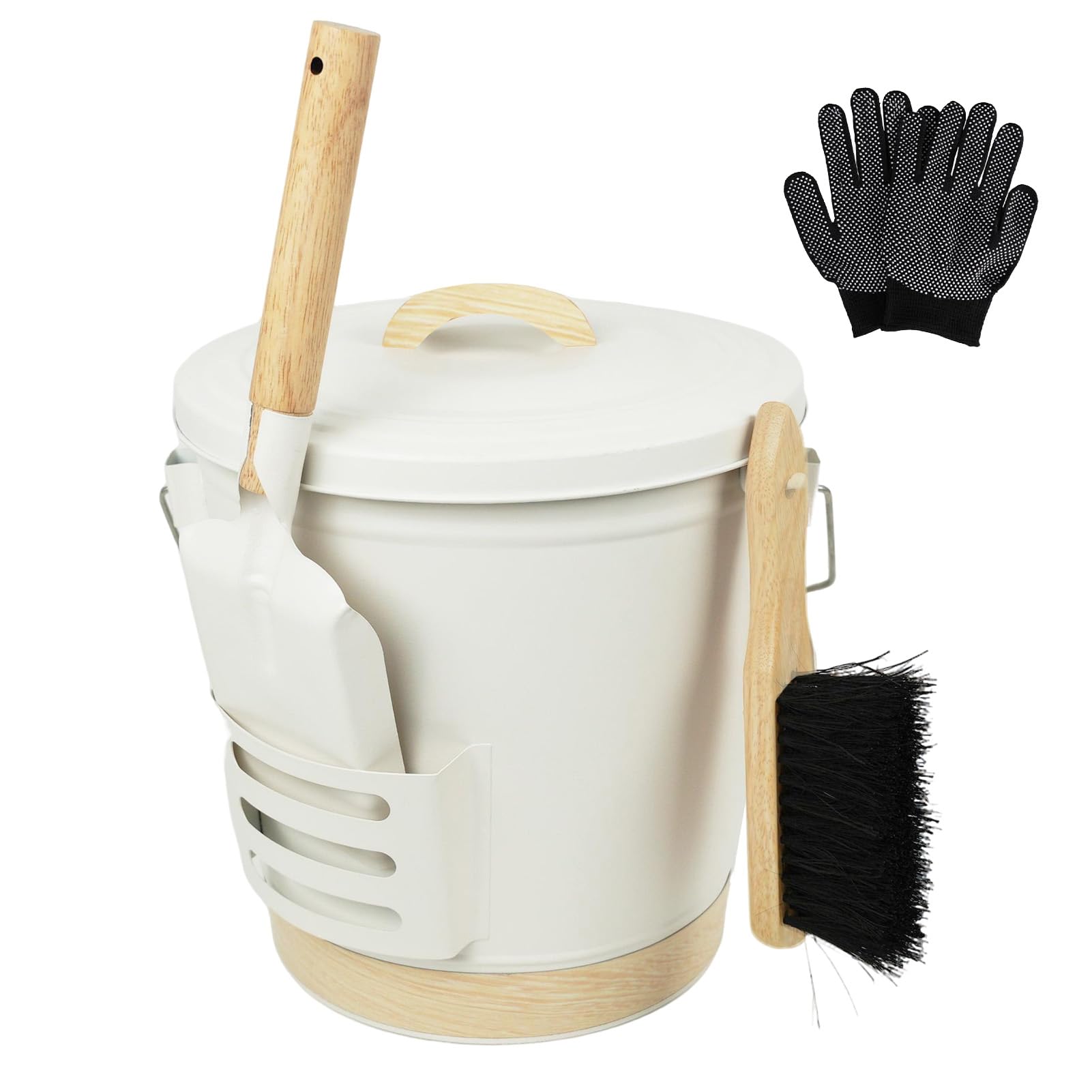 Photo 1 of Annie Garden Cream White 5.2 Gal Metal Fireplace Ash Bucket, Lid & Shovel