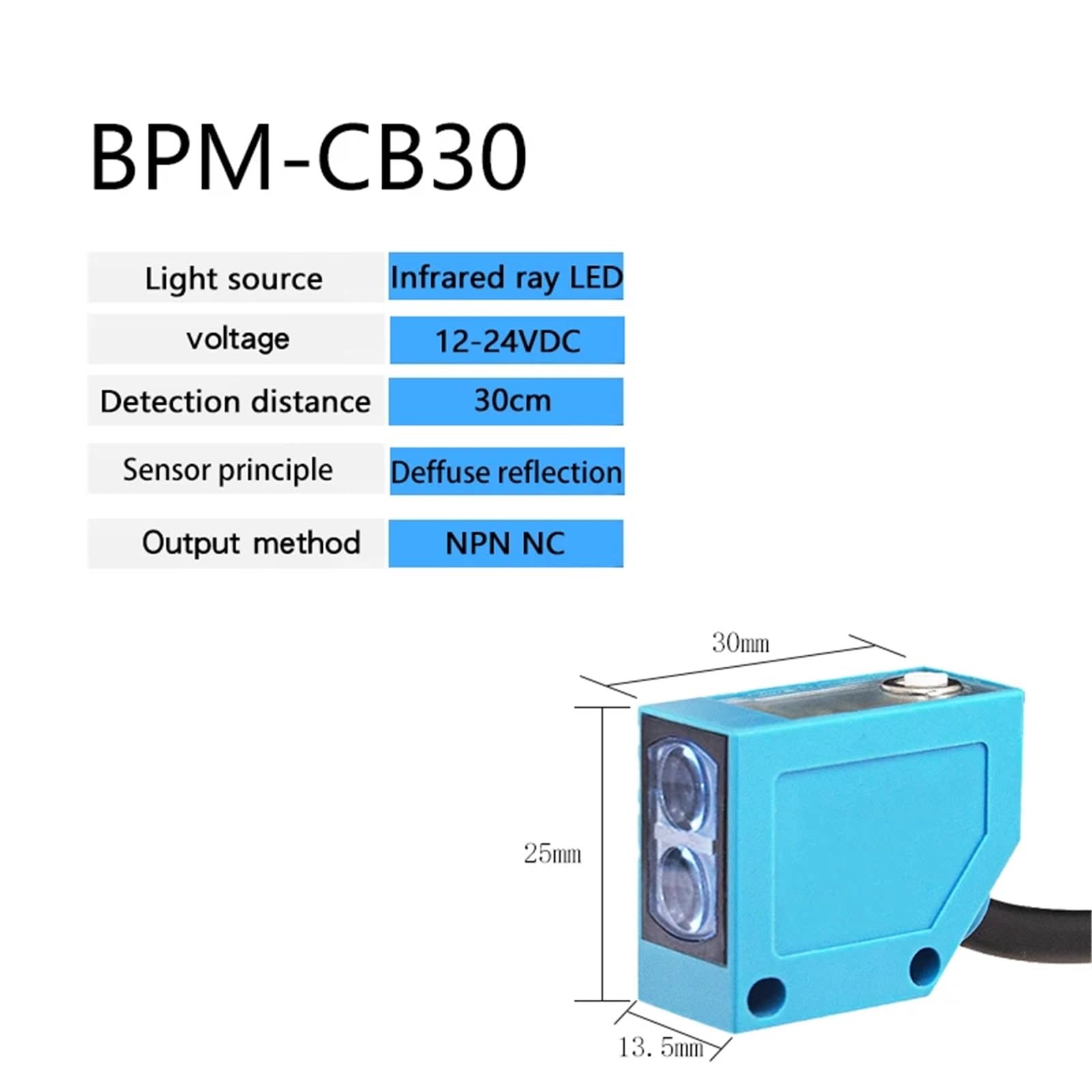 Sensor óptico cuadrado con reflexión difusa, distancia de detección de 30 cm, interruptor NPN PNP de cuatro cables.(BPM-CB30)