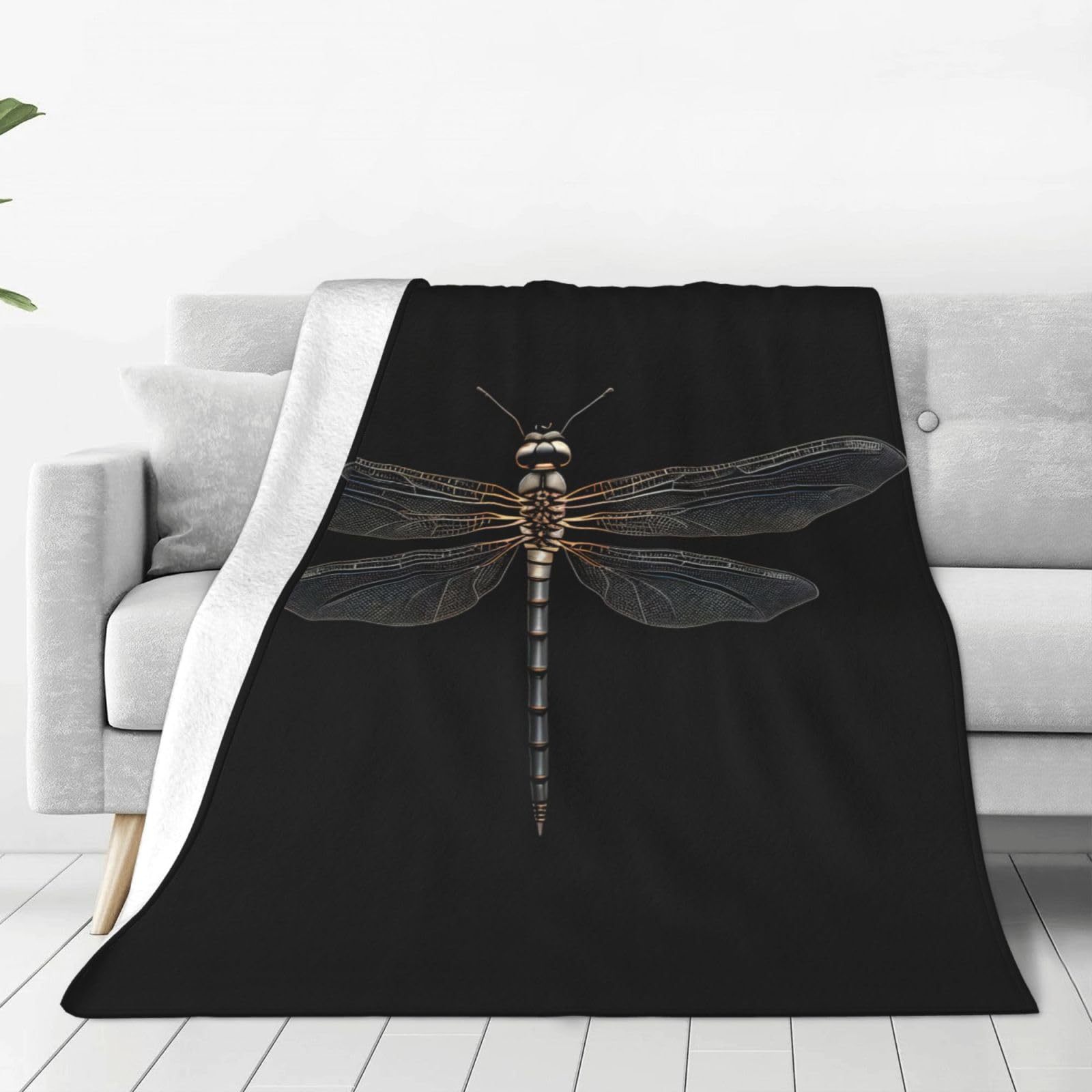 Plaid polaire chaud imprimé libellule noire pour vos soirées cocooning sur le canapé