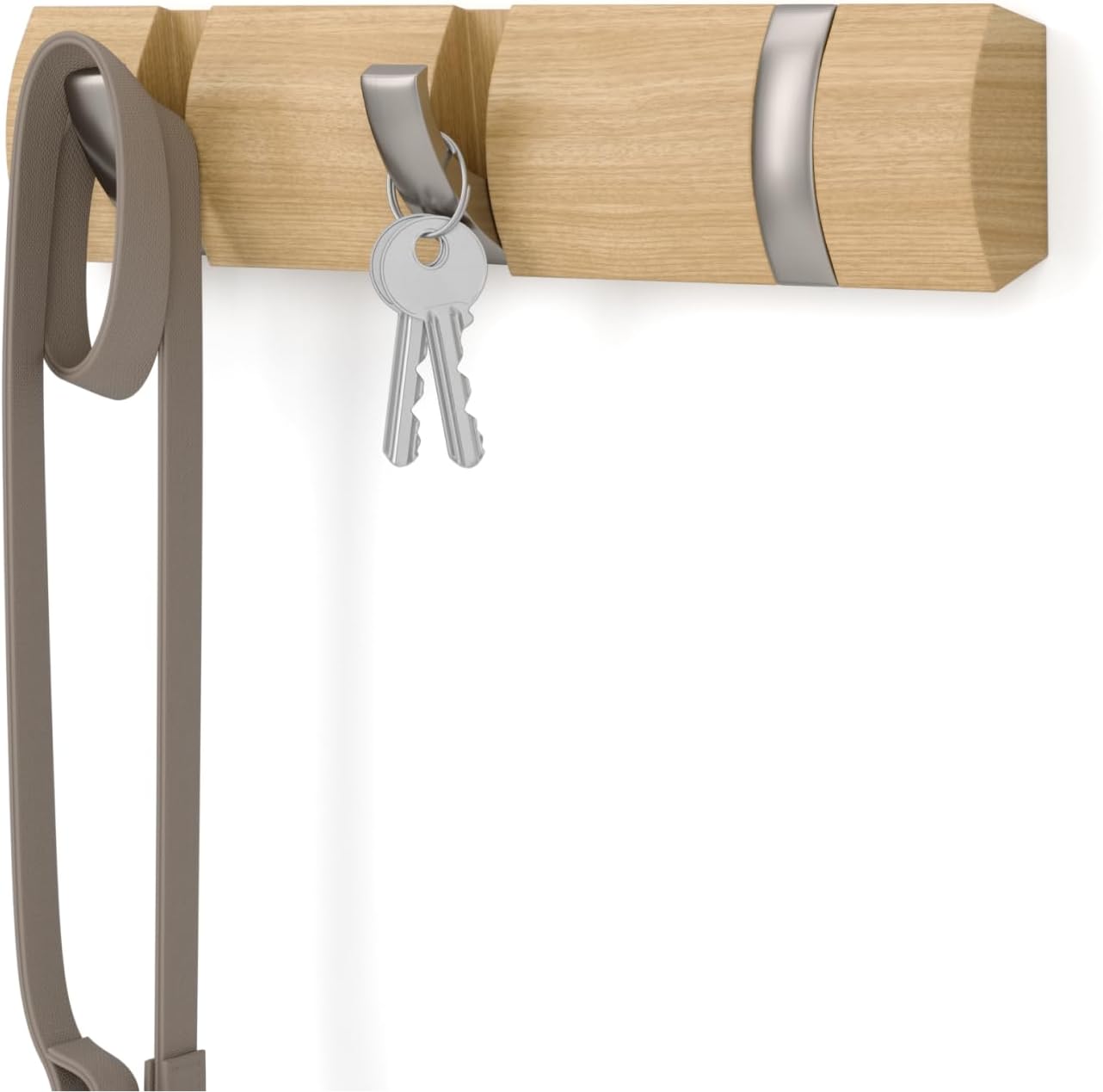 Umbra Flip Wall-Mounted Coat Rack with 3 Hooks – Modern, Space-Saving Storage for Hats, Jackets, Bags, Entryway, Mudroom, Closet, Bathroom, Bedroom – Natural/Nickel