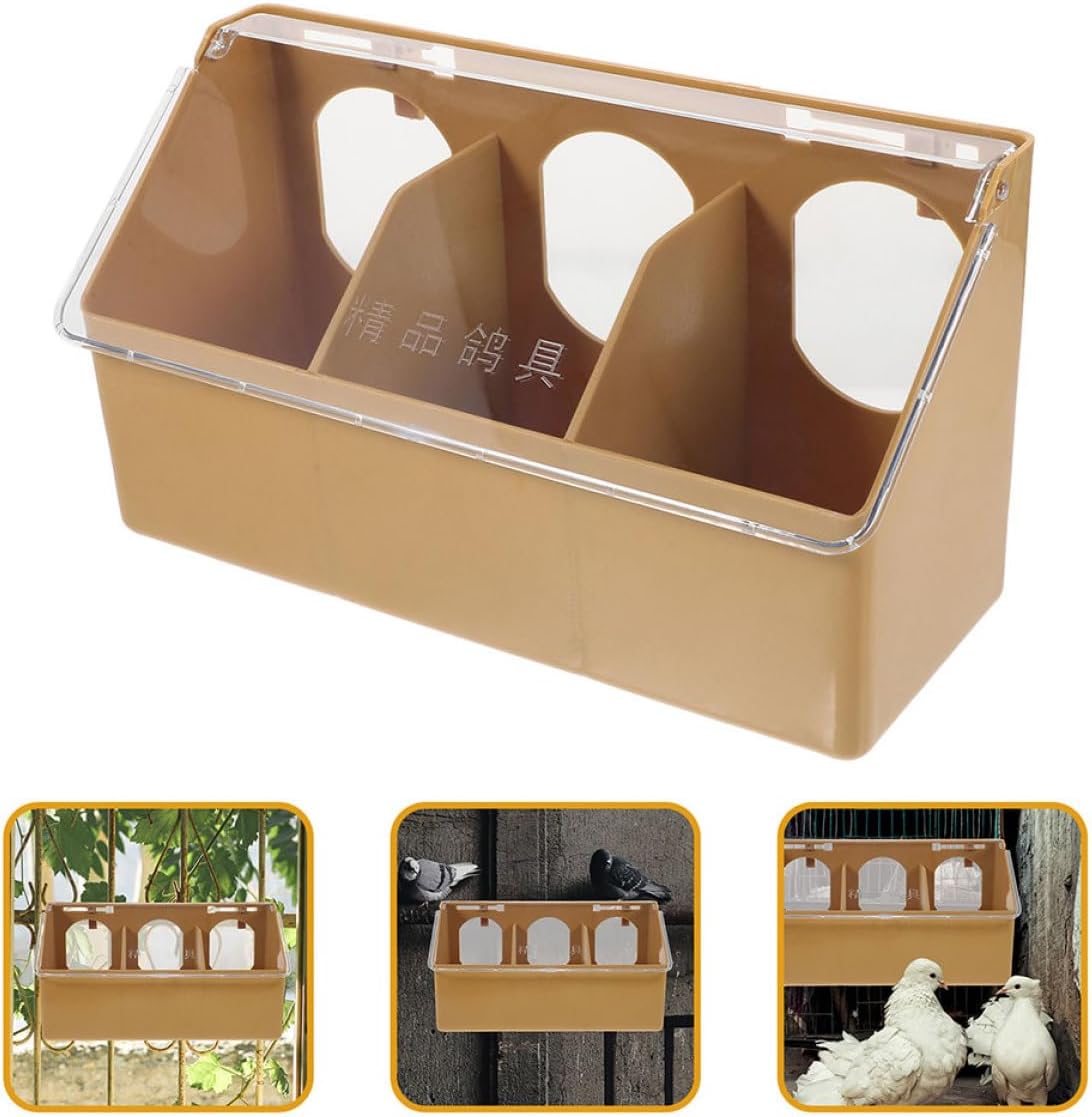LALAFINA 2Pcs Brown 3-Hole Multifunctional Bird Cage Feeder with Lid, Quail and Pigeon Food Feeding Bowls for Cage, Sturdy Feeding and Watering Container for Pet Birds