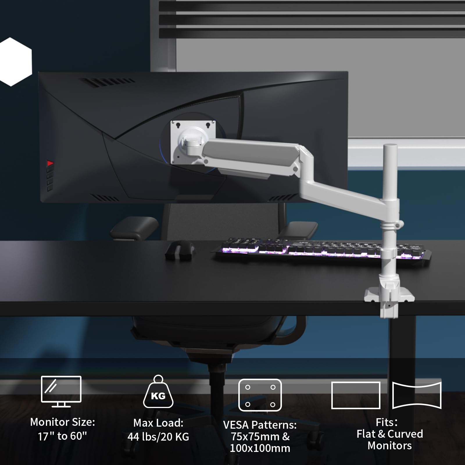 Braccio Monitor Bianco per Schermi Ultralargo da 17 a 60 Pollici,Supporta 20 kg, Supporto Monitor a Molla a Gas Regolabile in Altezza Con Asta, Ergonomia Rotazione VESA 75x75/100x100mm