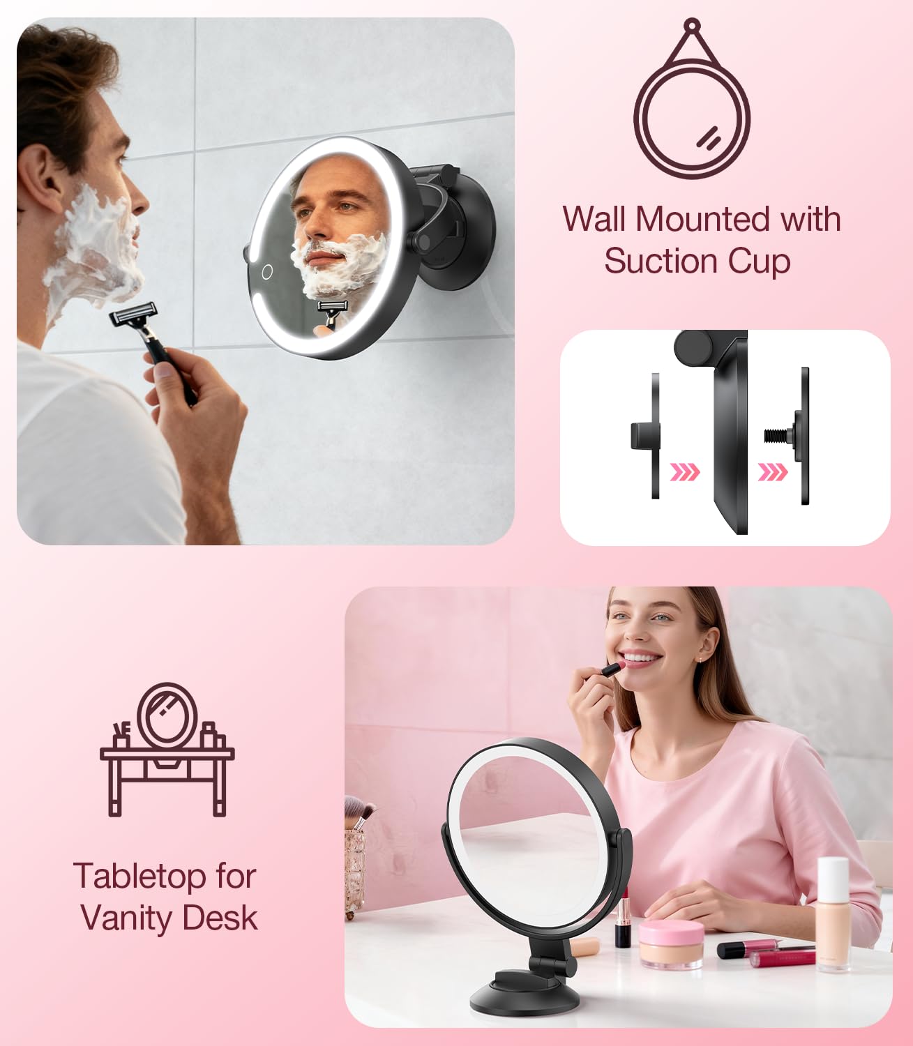 Benbilry Espejo de aumento con ventosa con luz 10X, espejo de maquillaje montado en la pared con ventosa para baño, 3 luces de color y brillo ajustable, mesa 2 en 1 para escritorio, color negro