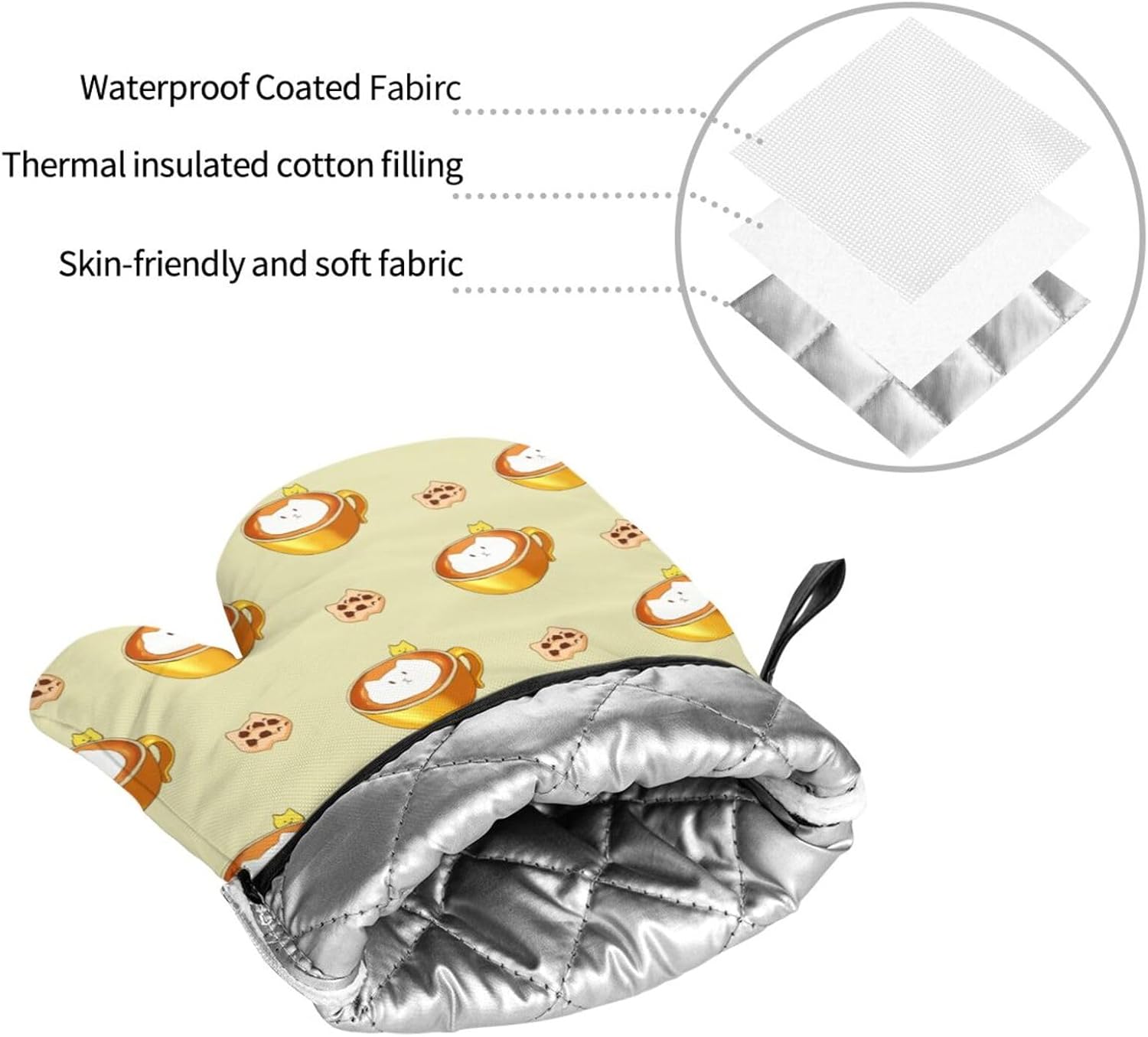 Cartoon cat coffee Oven gloves and heat-resistant mat 4-piece set. Suitable for grilling, microwave oven frying, and baking
