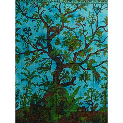 Handicrunch, beddensprei, levensboom, turquoise, blauw, 240 x 200 cm, vogelbloemenmotief, Indiase deken, katoen Tie Dye Style