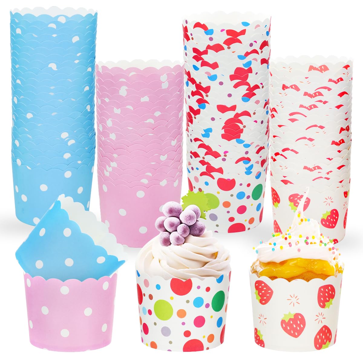 200 Pcs Paper Baking Cups, Large Greaseproof Cupcake Liners, 4 Styles Disposable Muffin Cases, Heavy Duty Cupcake Wrappers Holders for Tea Party Wedding Birthday Baby Shower Cake Candy Supplies