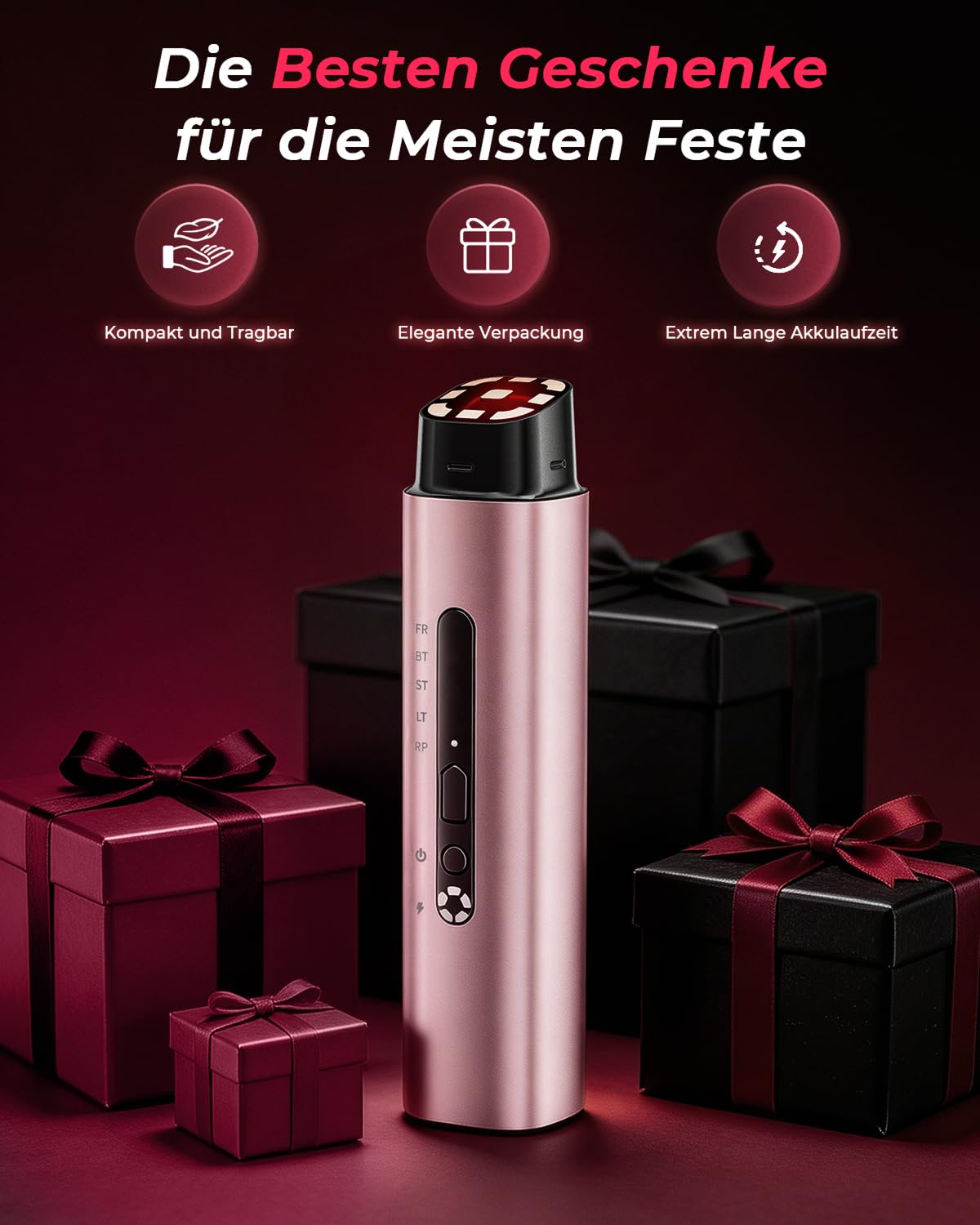 Gesichtsmassagegerät Radiofrequenz 5-in-1, EMS & Lichttherapie, Straffendes Lifting für Gesicht & Hals, Reduziert Falten, Feine Linien & Vergrößerte Poren, Anti-Falten, für Straffere Haut (Roségold)