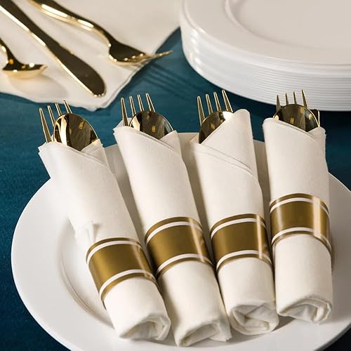 Miniatura 2 de Lillian Tablesettings Juego de 40 cubiertos y servilletas preenrollados con cubiertos dorados pulidos de tamaño completo, 10 tenedores, 10