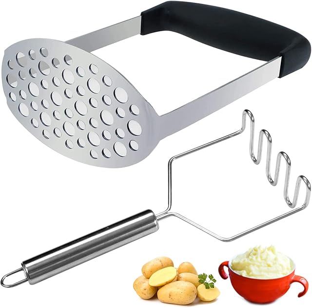 Stainless Steel Potato Masher Cooking Utensil Good Grips | Heavy Duty, Wide | Ergonomic Horizontal Handle Cooking and Kitchen Gadget for Smooth Mashed Potatoes, Vegetables, Fruits - 2 Pieces