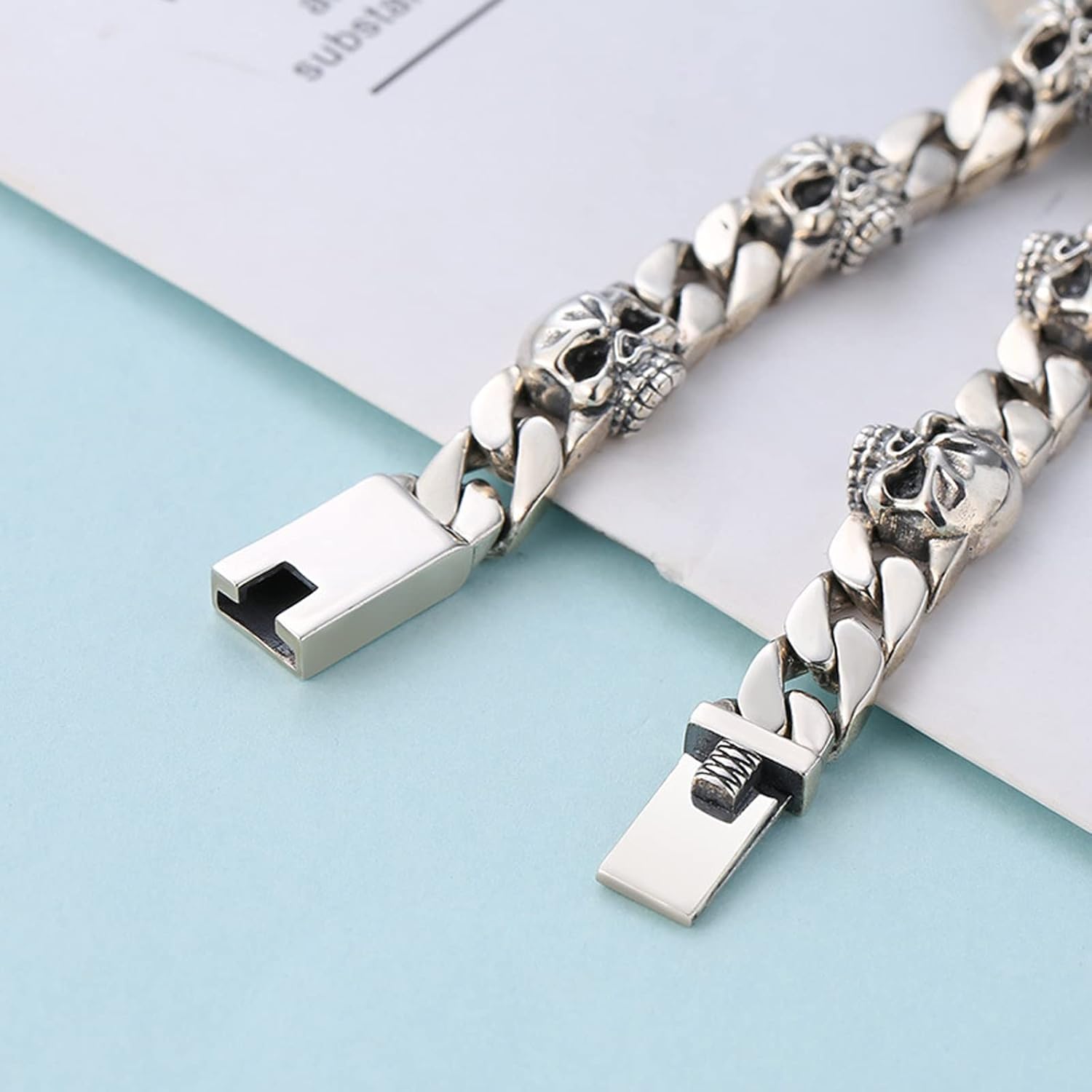 925 Sterling Silver Skull Cuban Chain Bracelet Goth Punk Skull Jewelry for Men Gift