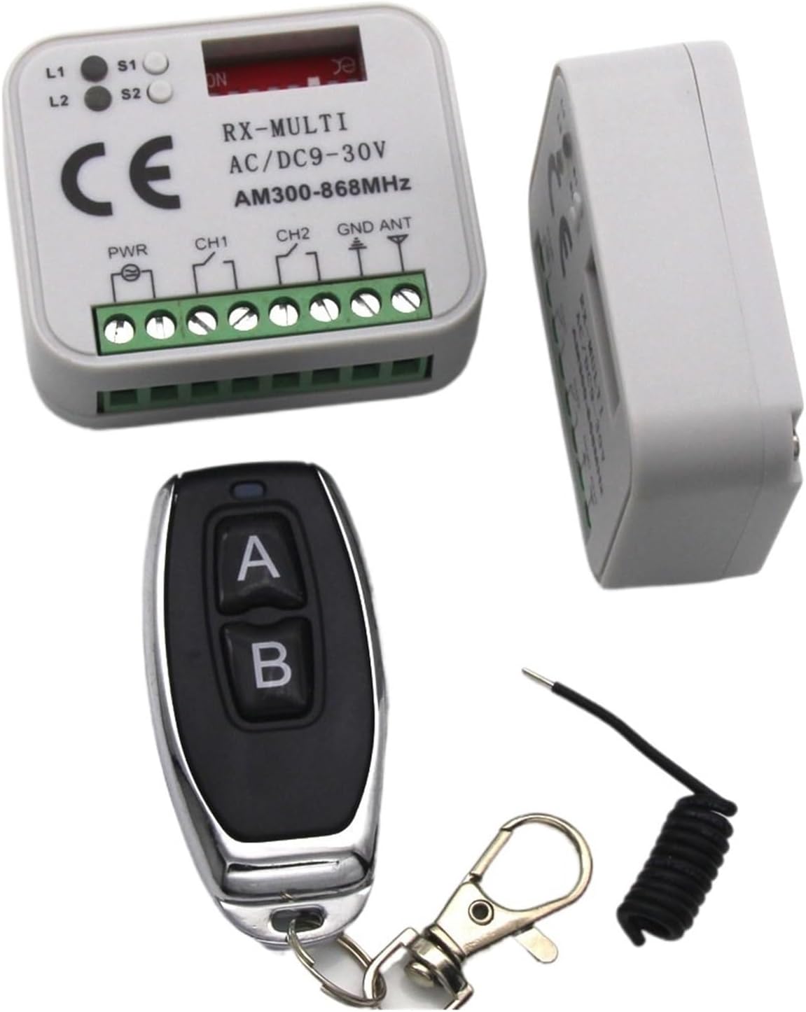 Components of the RX-Multi Receiver Controller kit, including the receiver, remote, and antenna.