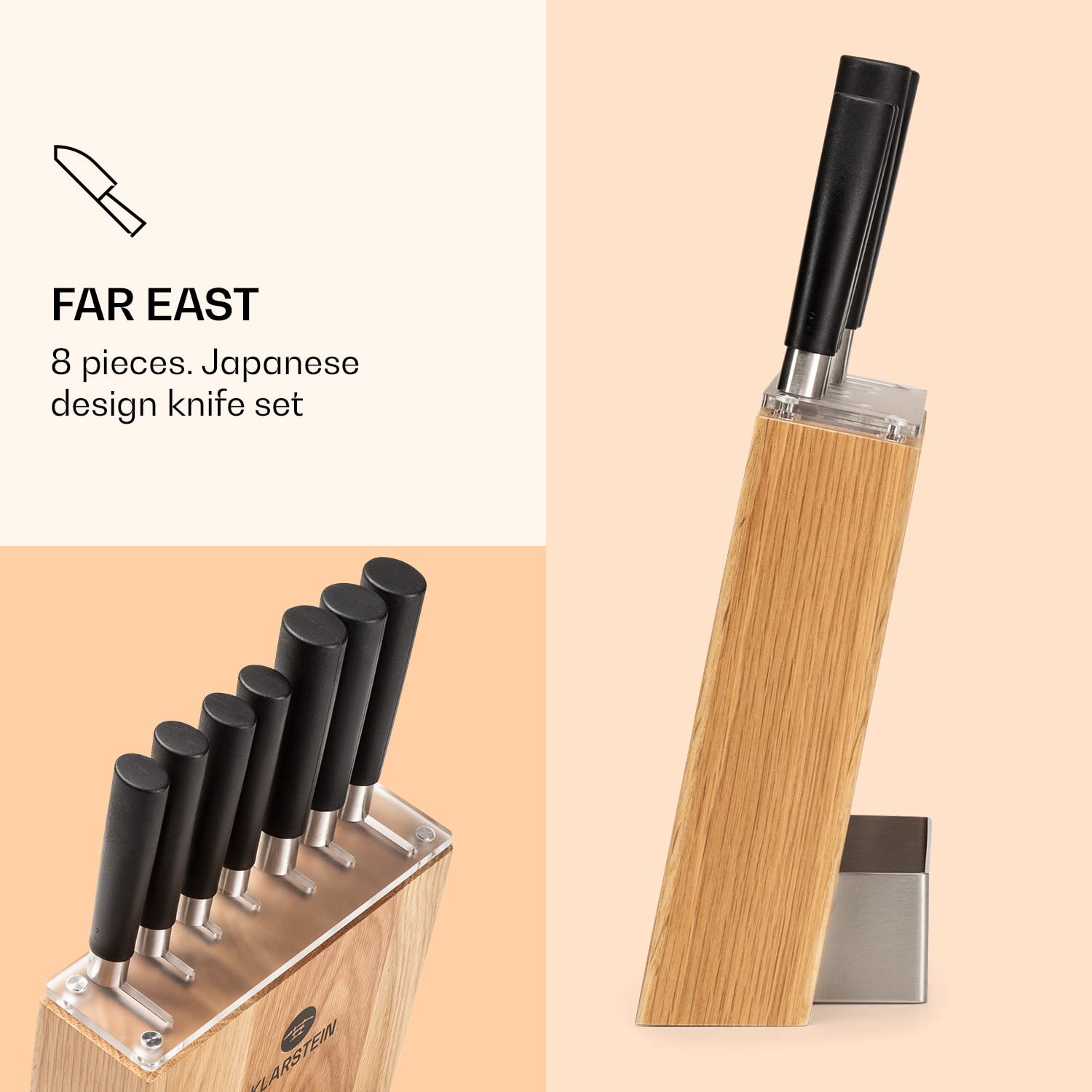 Klarstein Couteau Cuisine, Lot 7 Couteau de Cuisine Professionnel avec Bloc, Set Couteaux et Ustensiles de Cuisine en Acier Inoxydable, Kit Support Blocs Couteaux Professionnelle, Résistants Rayures