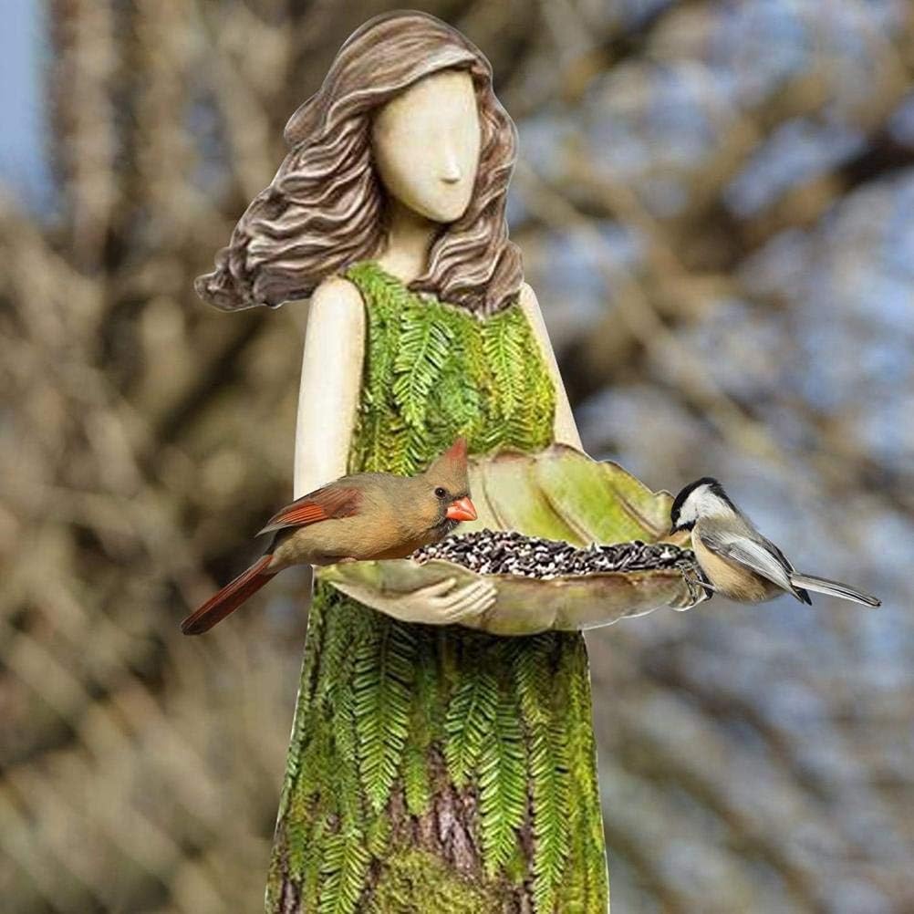 AYNEFY Fairy Garden Statue with Bird Feeder,Lawn Decoration Ornaments Bird Bath Birdbaths Bird Feeder Waterer Tray Garden Art Sculptures for Outdoor Courtyard Yard Decor