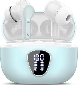 Wireless Bluetooth Headphones, Bluetooth 5.4 Headphones with 14.2 mm Driver, Surround Sound, 48H Wireless Headphones with Noise Reduction, LED Display, IP7 Waterproof, Light Blue