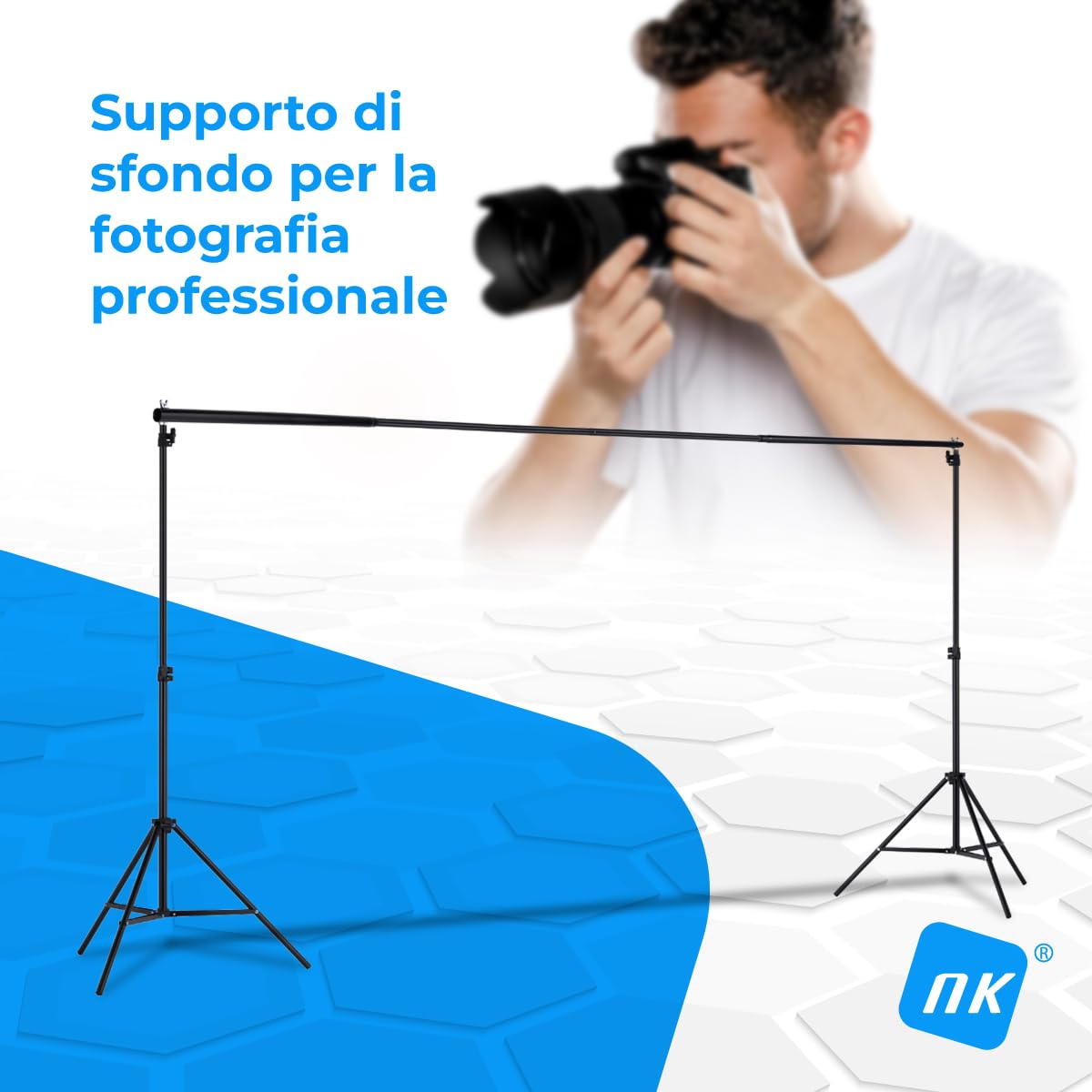 Supporto per fondale fotografico professionale NK 2 x 3 metri, regolabile e retrattile, 2x treppiede, 1x barra trasversale interconnessa, 6x mollette, 4x fascette laterali in velcro, 1x borsa