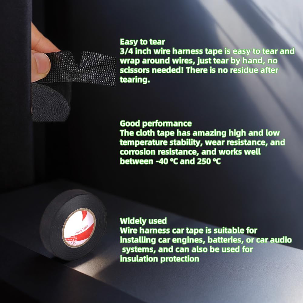 Wire Harness Cloth Electrical Tape, Noise Damping Heat Proof Car Wrap Tape, Self-Adhesive Fabric Tape for Automotive Electrical Cable, Black (1, Width:19mm (1 Roll))