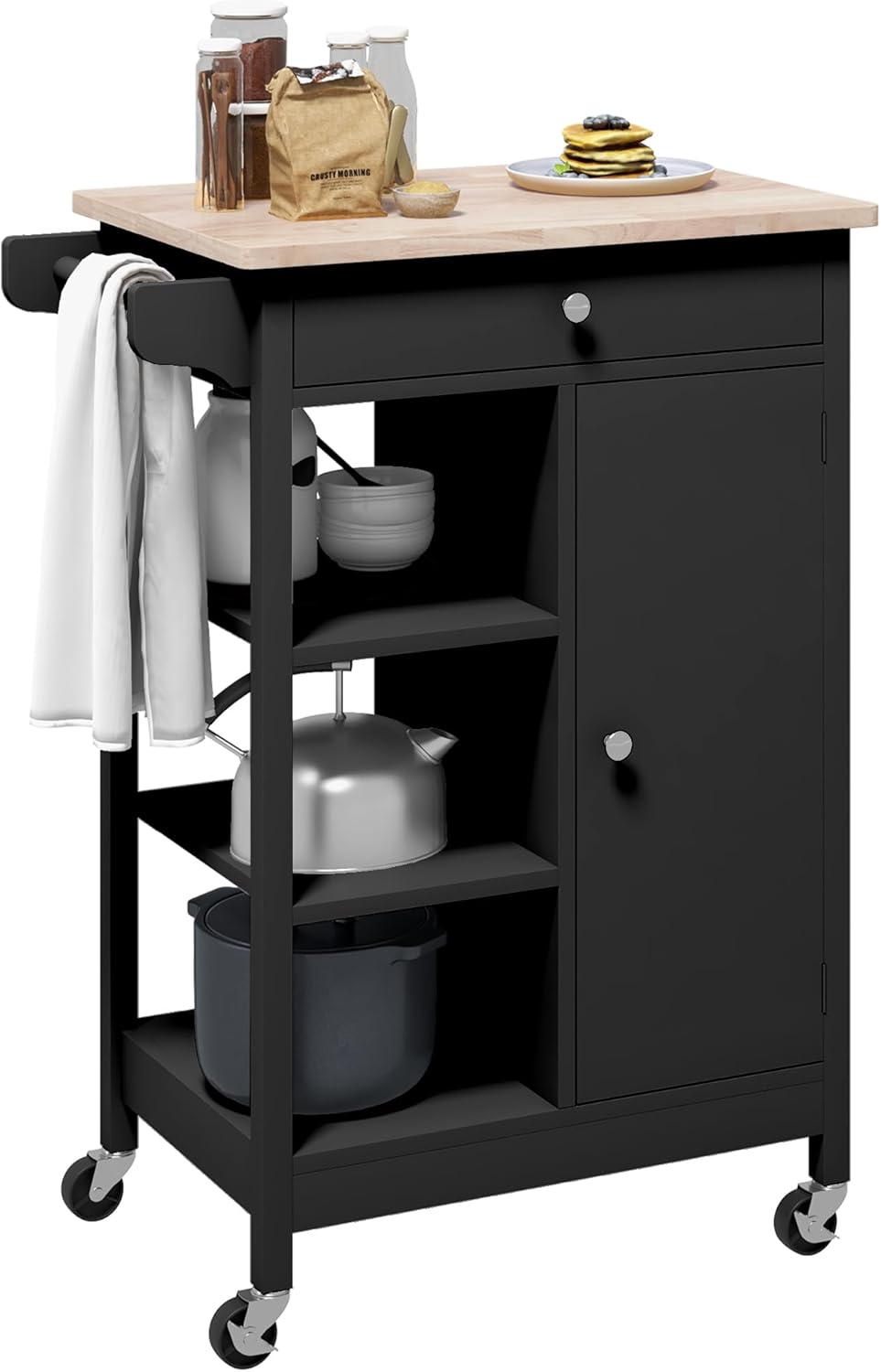 HOMCOM Rolling Kitchen Cart with Storage, Wood Top Coffee Cart on Wheels, Small Kitchen Island with Cabinet, Drawer, 3 Open Shelves and Towel Rack (Black)