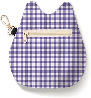 Cat-Shaped Coin Purse, Medium Purple Gingham Mini Zipper Velvet Change Pouch with Keychain, Portable Coin Pouch Small Wallet for Women, Cute Cat Lover Gifts, Ideal for Earbuds Lipstick Backpack Charm