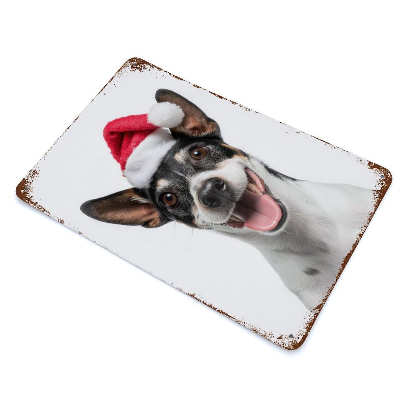 Vintage Rust Metal Sign Rat Terrier Dog with Santa Hat Portrait 11.8"x7.9", Shabby Chic Decor for Cafe, Home Bar And Lounge Decor