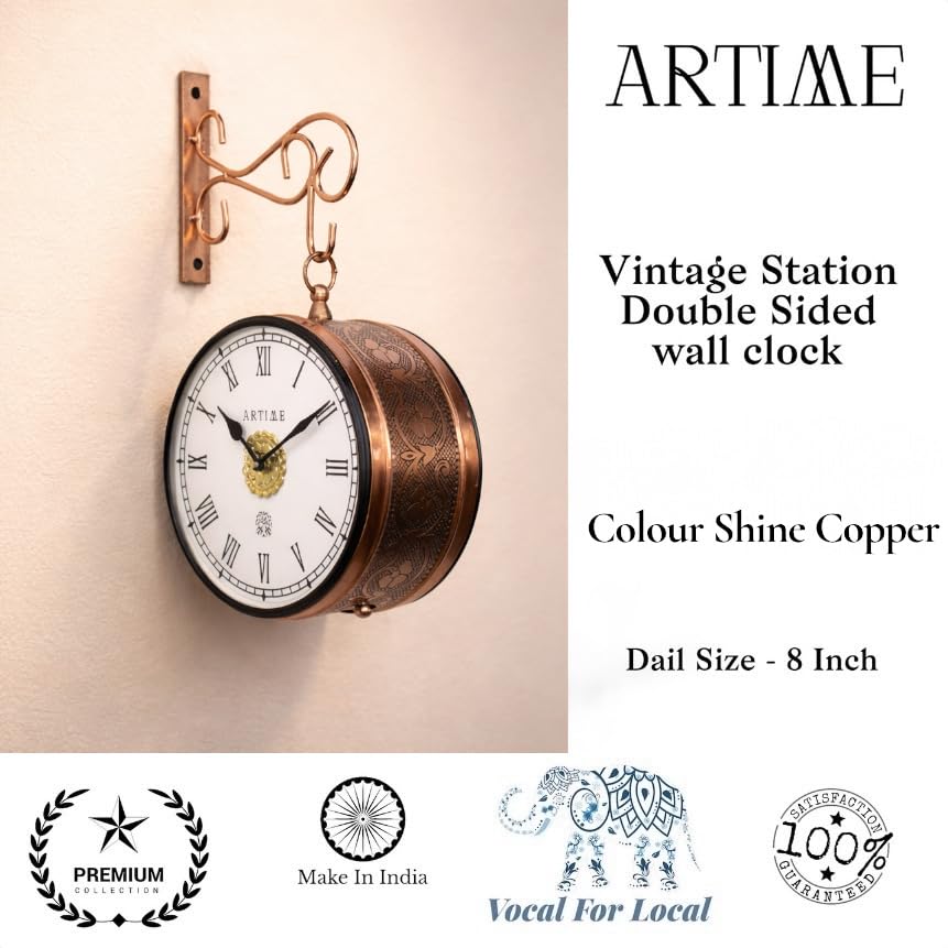 Image of Handcrafted Double Side Metal Analog Vintage Wall Clock | 1.5 Year Machine Warranty | 8 INCHES | 1 Side Number 1 Side Roman,Color Copper