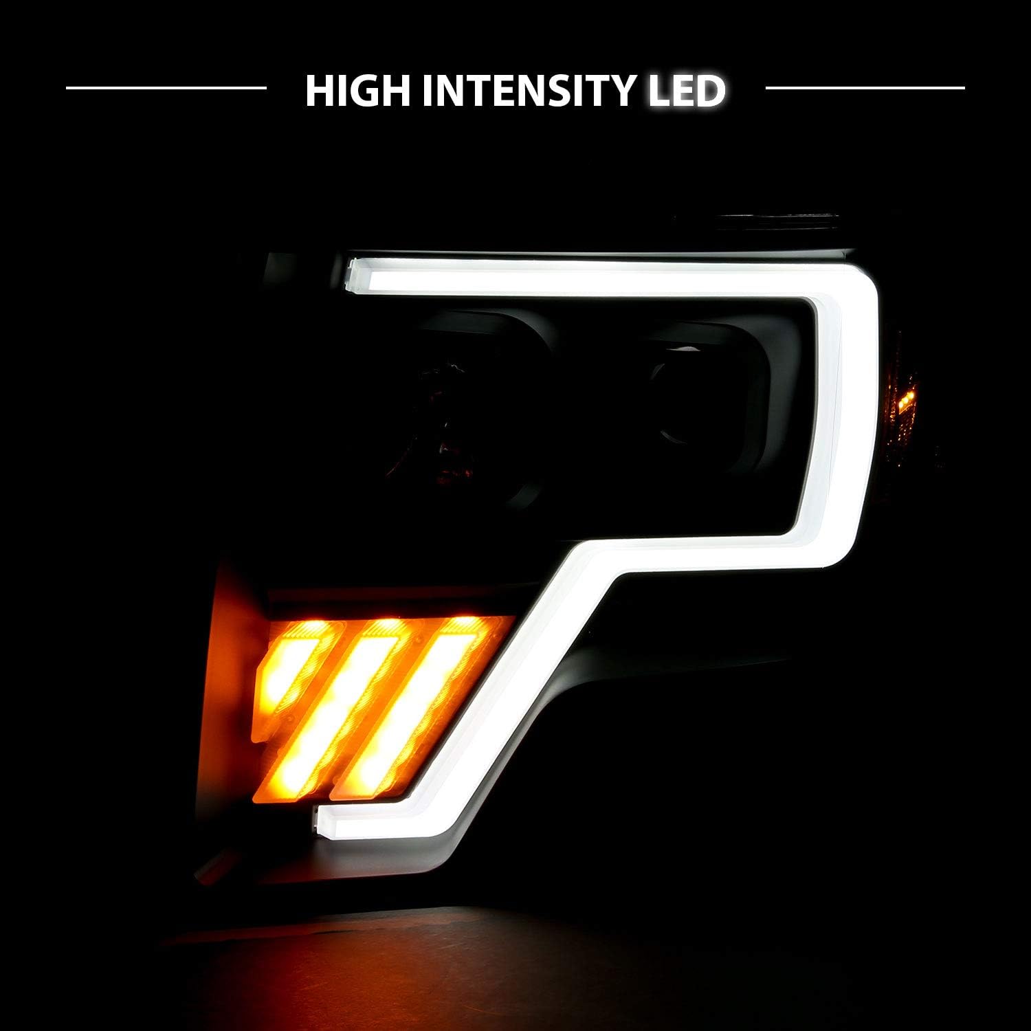 AmeriLite For 2009-2014 Ford F150 Truck LED Tube Projector Black Replacement Halogen Headlights Set - Passenger and Driver Side