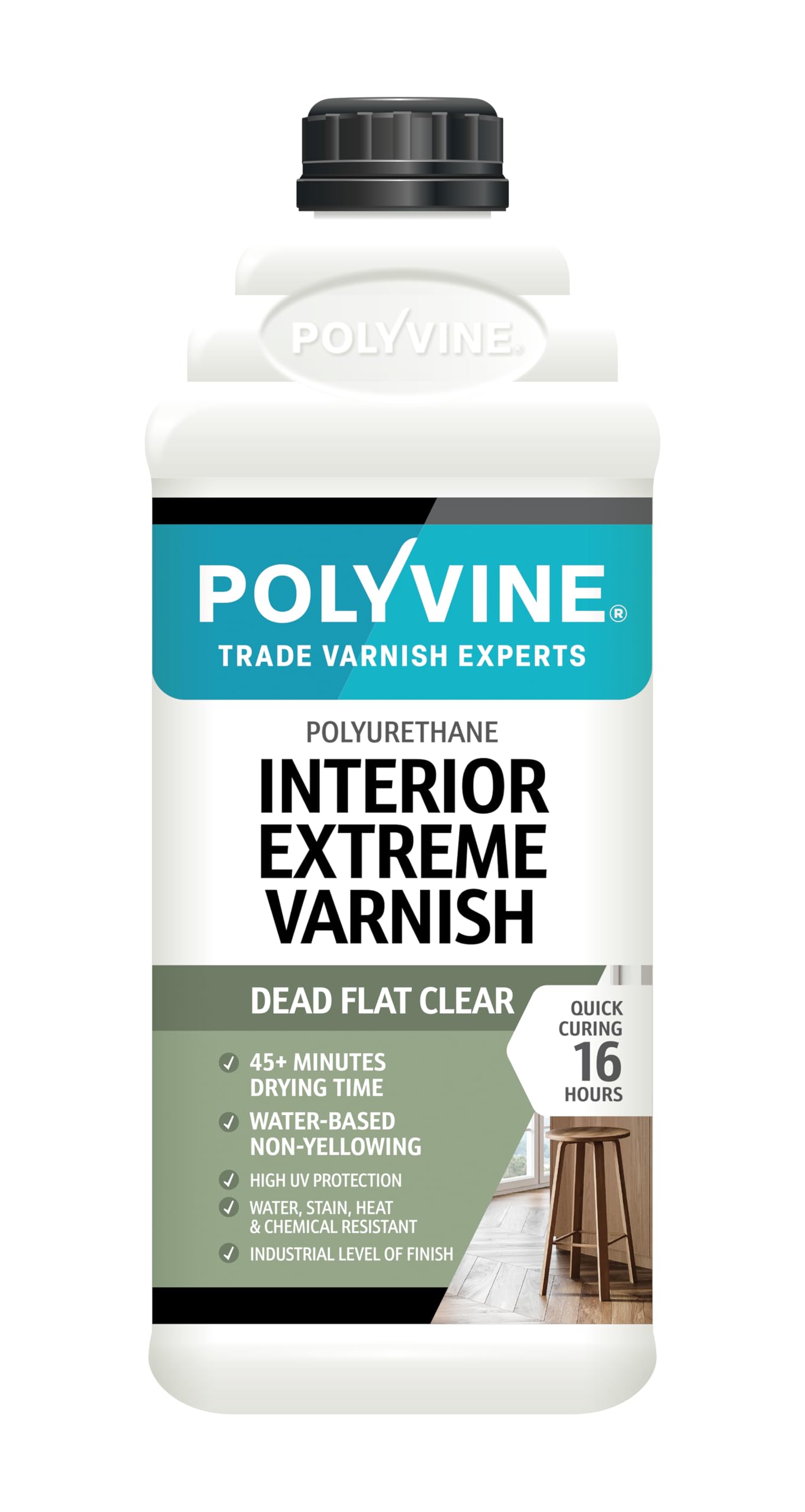 Polyvine Interior Extreme Varnish Satin or Dead Flat – Quick Dry Polyurethane Clear Coat Multi Use Protective Coating - Water-Based, UV, Heat, Stain, Water Resistant Sealer, Dead Flat, 2L