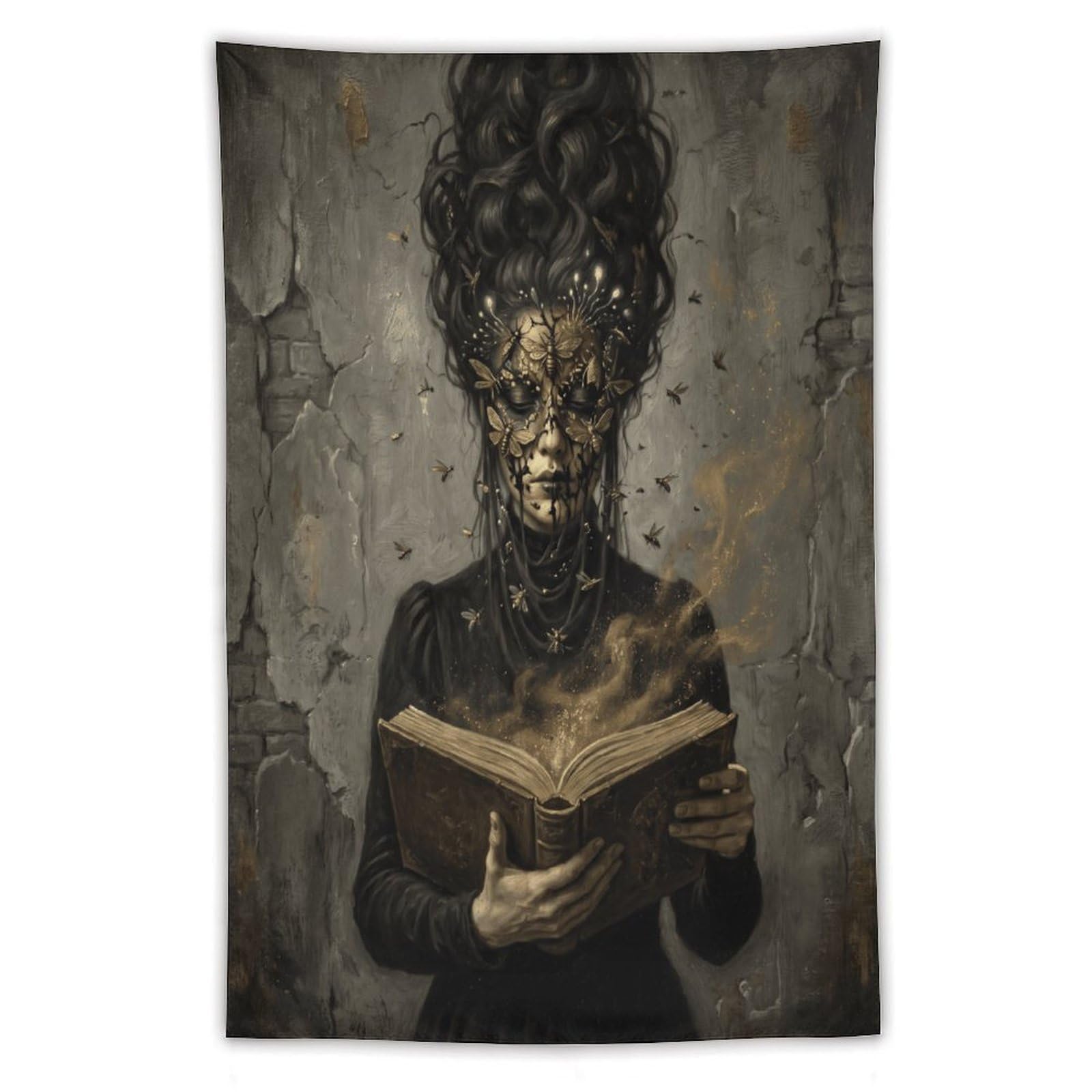 W7C8U2X3 Golden Mask Reader Wall Tapestry, Oil Painting, Surreal Book Scene