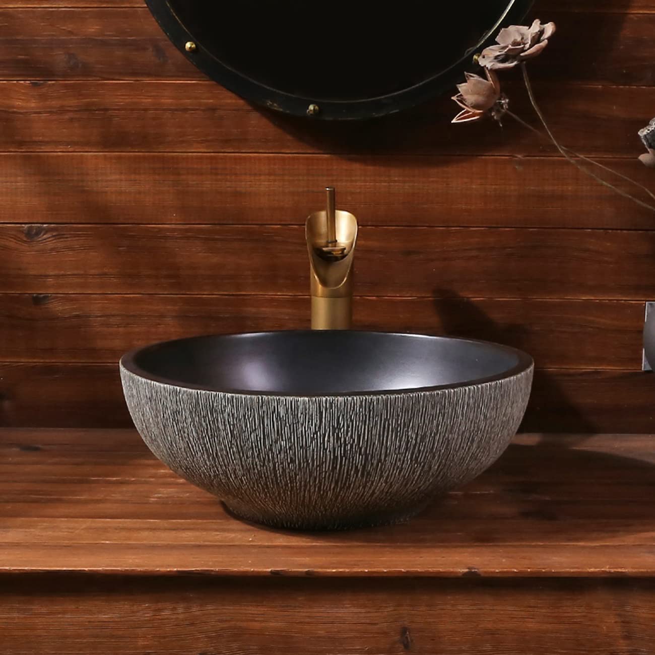 Umywalka Nablatowa W Stylu Vintage, Okrągła Umywalka Ceramiczna Nablatowa, Pionowa Umywalka Łazienkowa O Teksturowanej Powierzchni, Artystyczna Miska