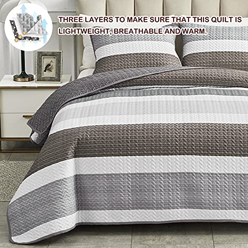 Joyreap 3 Pieces Quilt Set Full/Queen, Light Gray N Brown Stripes Design, Smooth Soft Microfiber Quilt, Bedspread Bed Cover For All Season, 1 Quilt And 2 Pillow Shams- 90X90 Inches #TOP2