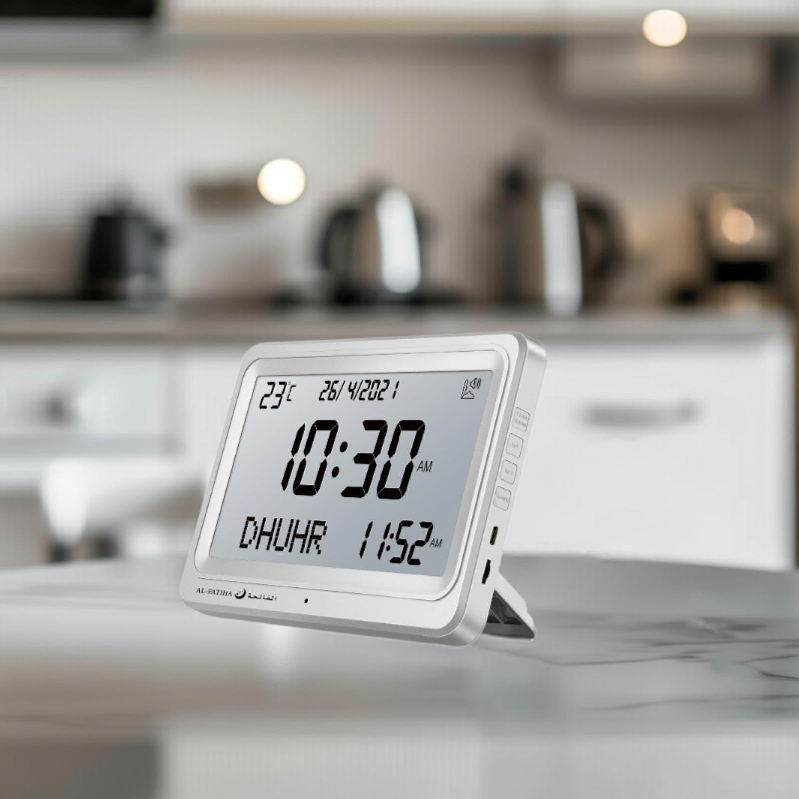 Sharplace Muslimische Gebetsuhr, Azan-Wecker, islamischer Kalender, Dekoration, Geschenk, 8 Gebetstöne, Digitaluhr, Tischuhr für den Schreibtisch zu Hause, Weißer Weißer Bildschirm