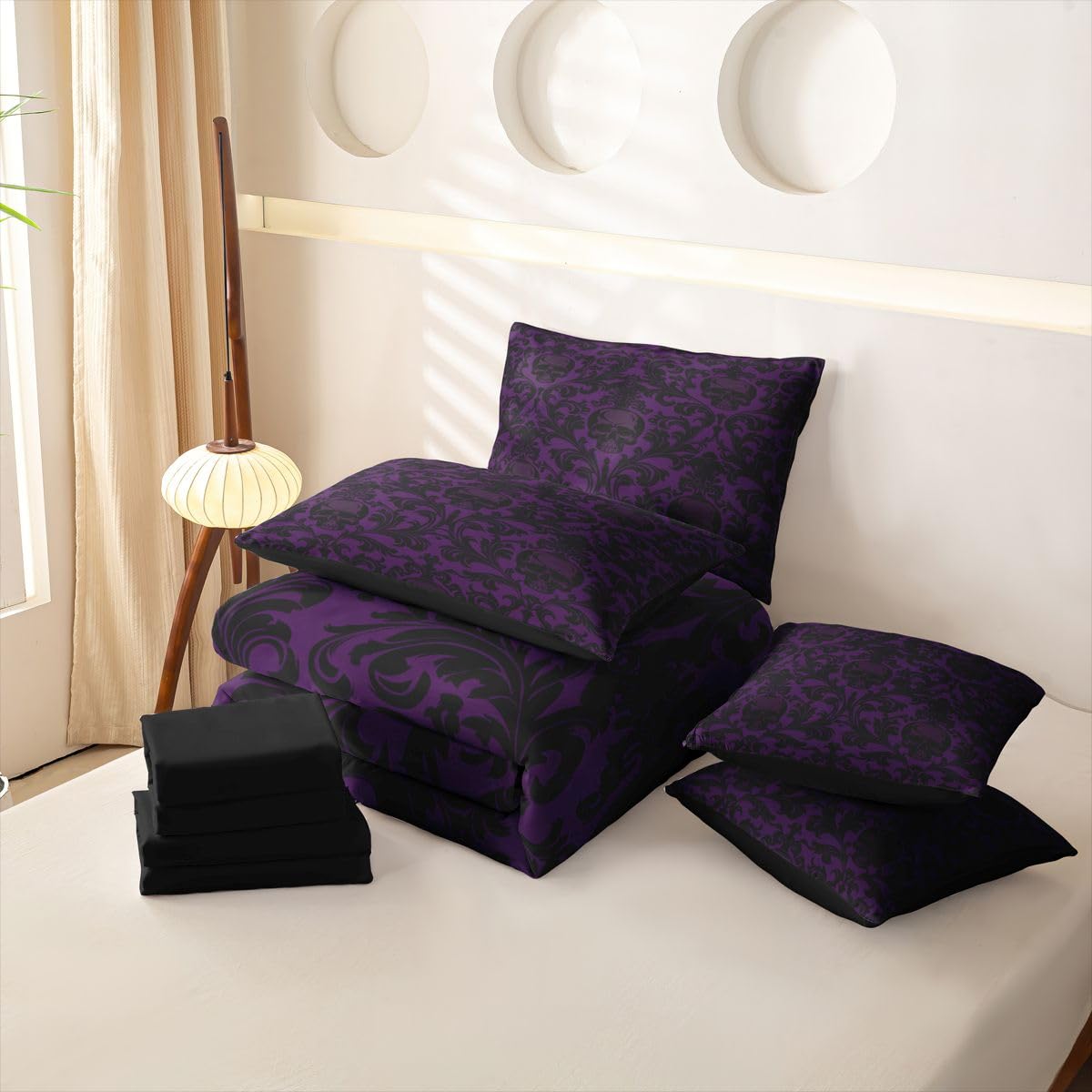 Loussiesd Set di biancheria da letto con copripiumino viola nero con lenzuola, 7 pezzi, per bambini, ragazzi e ragazze, Halloween, teschio viola, decorazione per la stanza, in morbida microfibra