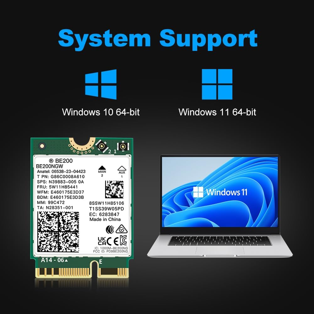 FENVI BE200NGW WiFi 7 Wireless Card,5800Mbps Tri-Band 6GHz/5GHz/2.4GHz with Intel BE200, Bluetooth 5.4,M.2 2230 E-Key for Intel 12th Gen+ Gaming Laptop PC, 8K Streaming Network Adapter