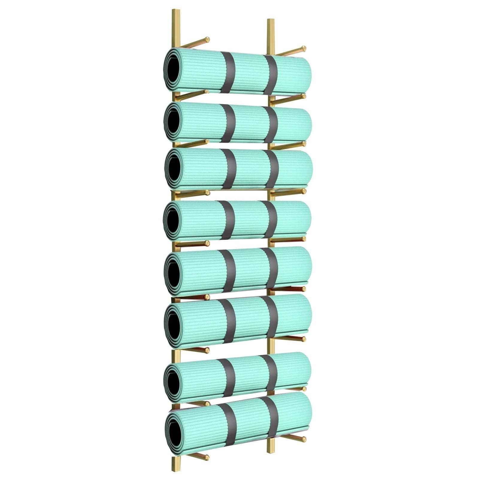 Gain de place : Étagère murale en métal doré à 9 niveaux pour tapis de yoga encombrants