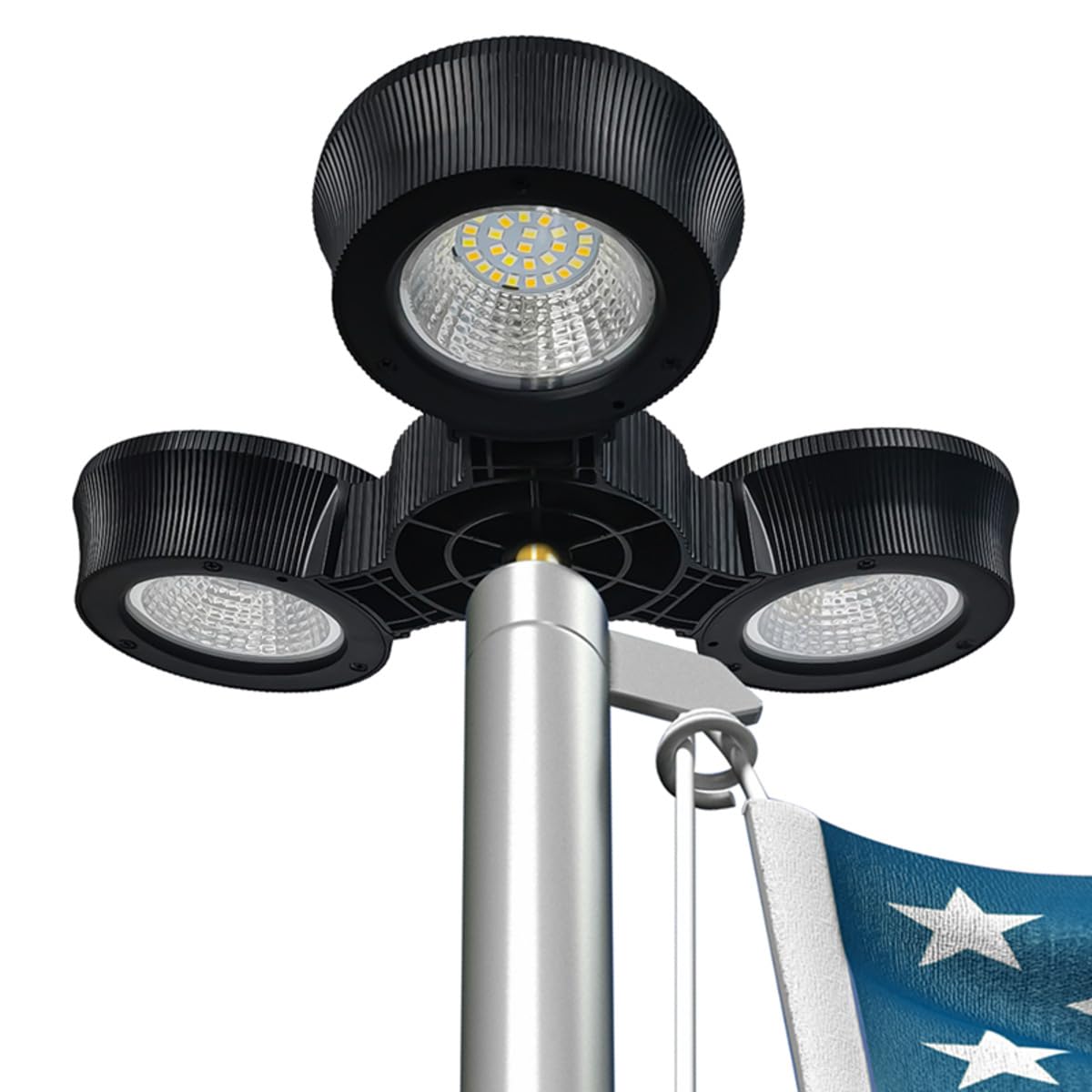 LumeGenSolar LED Tri-Head Flagtop Pole Light - 32 LEDs - Color Tunable - 200 Lumens - IP65 Waterproof - Solar Powered Flag Illumination