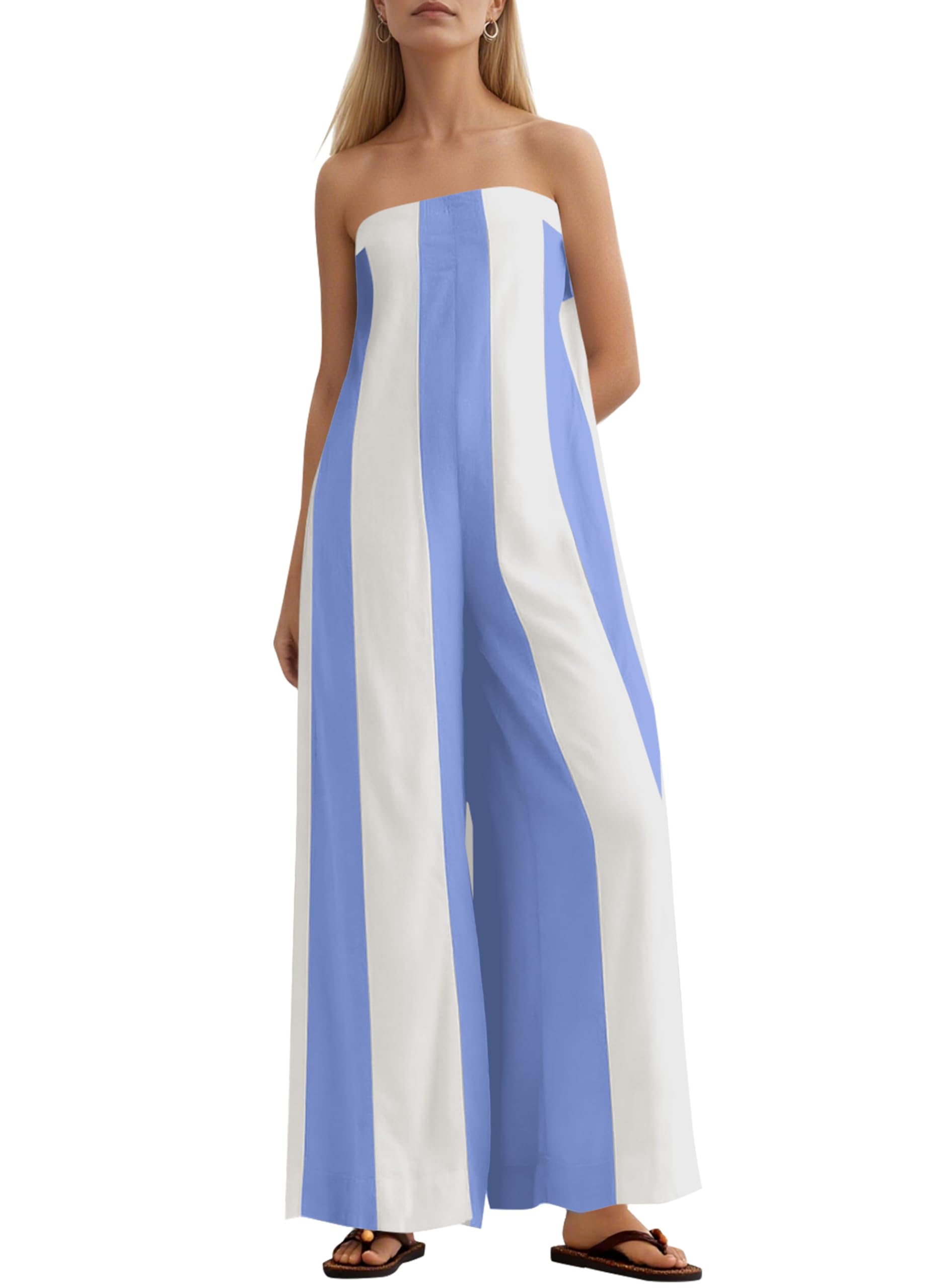 MISSACTIVER Summer Wide Leg Jumpsuits for Women Striped Strapless Long Rompers 2025 Sleeveless One Piece Outfits with Pocket