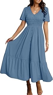 Simplee Womens Summer Smocked Flowy Dress - Casual Flutter Sleeve Tiered Boho Maxi Dresses with Pockets - Buy now