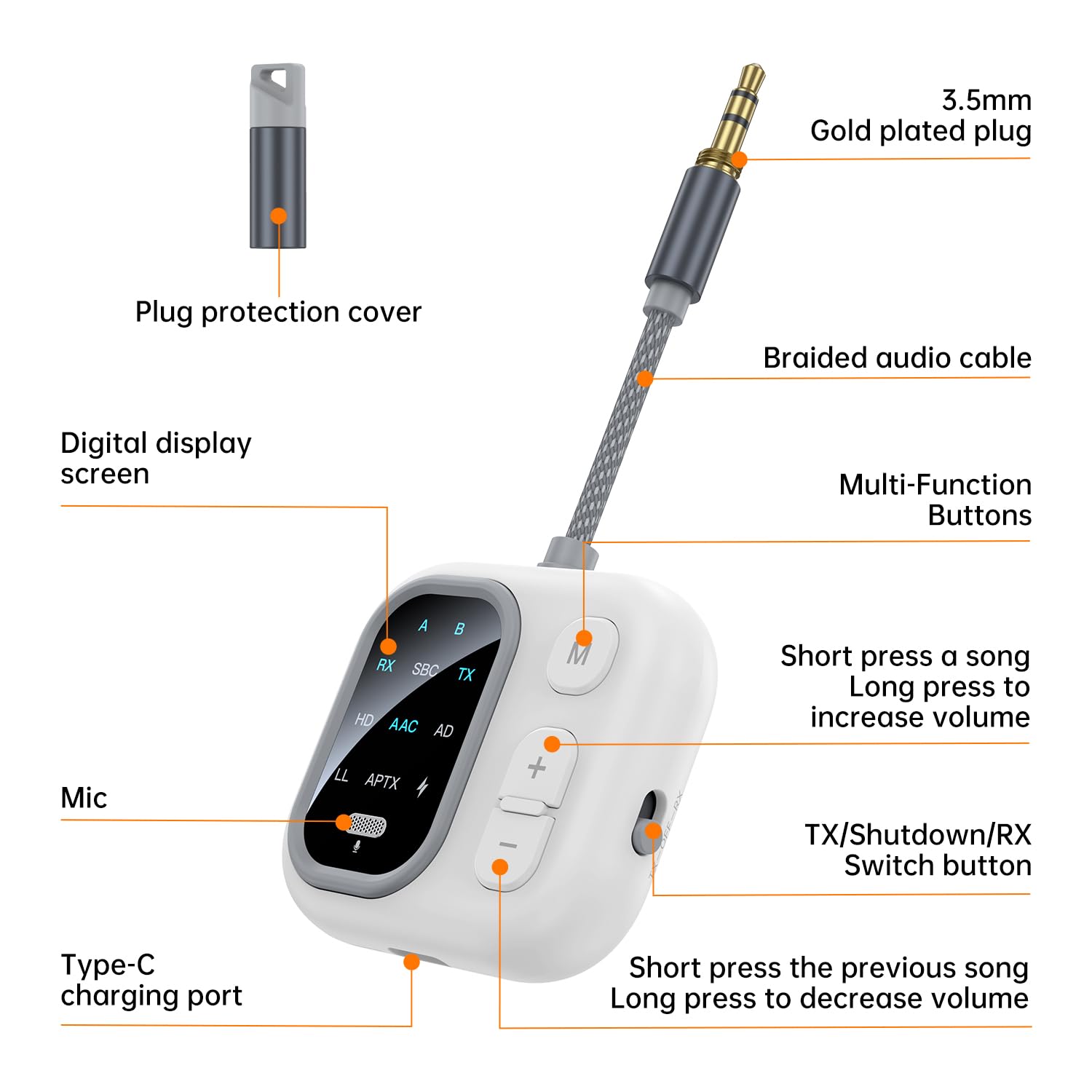 2 in 1 Trasmettitore e ricevitore Bluetooth 5.2 Adattatore Audio AUX 3,5 mm con 6 modalità di decodifica supporta connessione di 2 Cuffie adatto Bluetooth per TV Aereo Auto Impianto Stereo