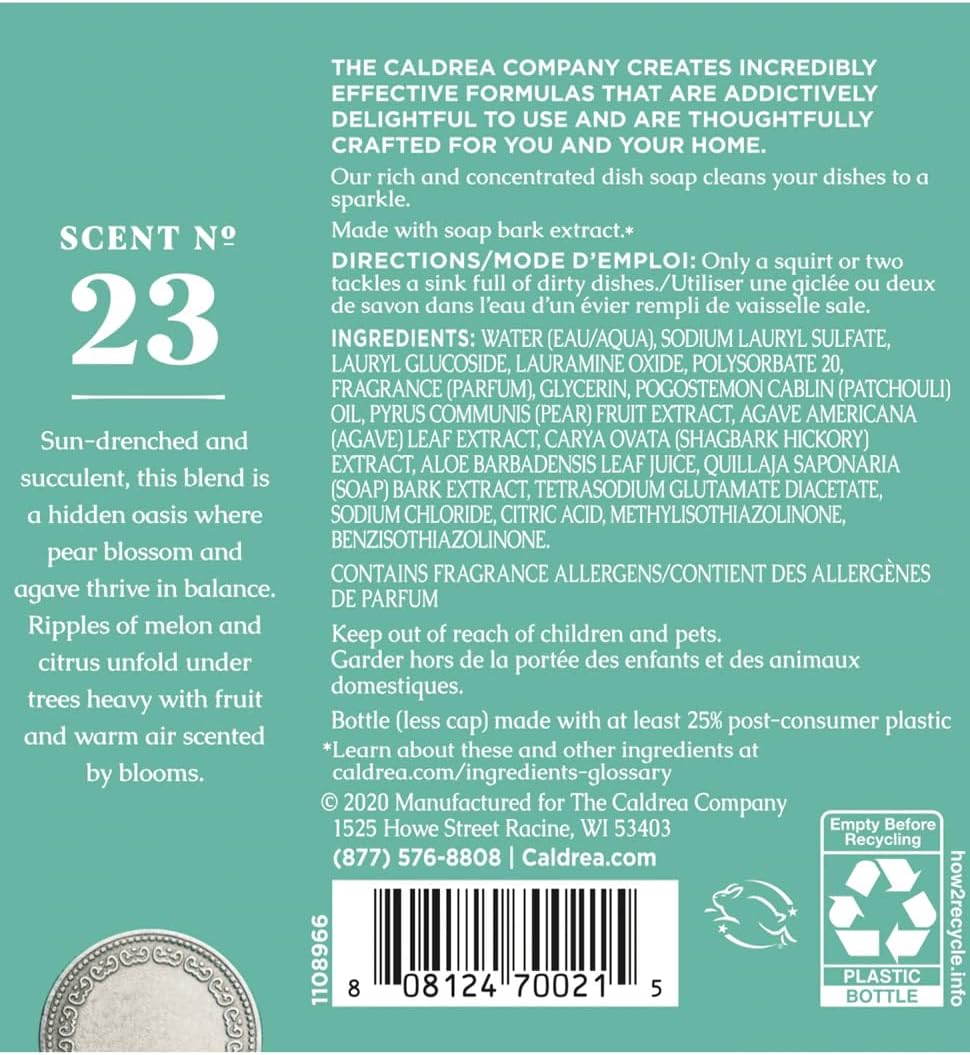 Caldrea Dish Soap, Biodegradable Dishwashing Liquid made with Soap Bark and Aloe Vera, Pear Blossom Agave, 16 oz , 3 Pack