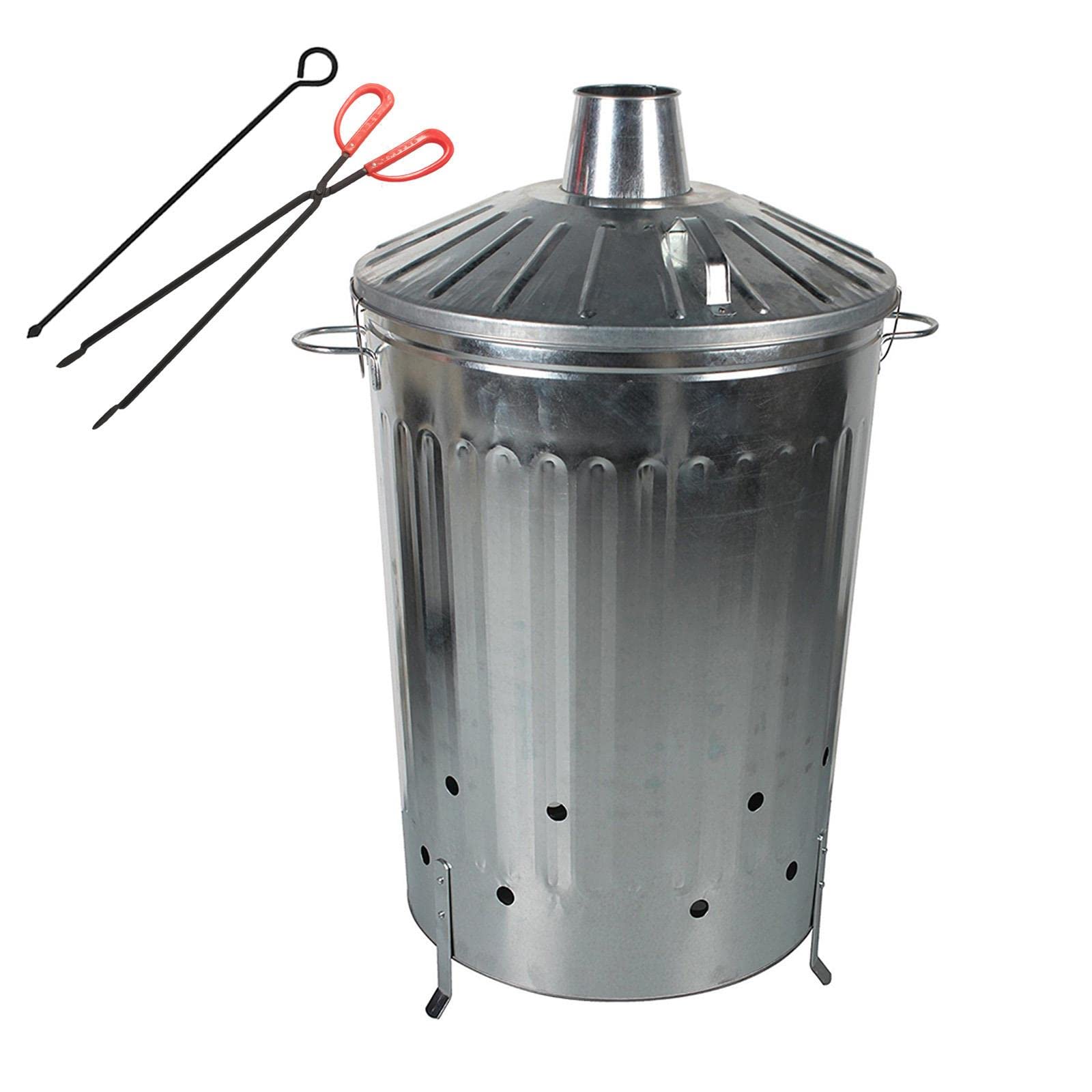simpa 125L 125 Litre Galvanised Incinerator with Locking Lid Feature and Safety Fire Pit Tongs - 35cm/14