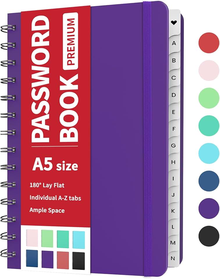 Forvencer Password Book with Individual Alphabetical Tabs, 5.3"x7.6" Medium Size Password Notebook, Spiral Password Keeper Book for Senior, Cute Password Manager Logbook for Home Office, Purple