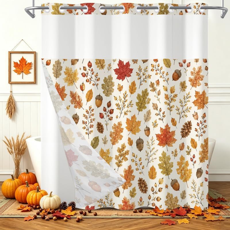 No Hook Fall Leaves Shower Curtain with Snap in Fabric Liner Set 71''x74''