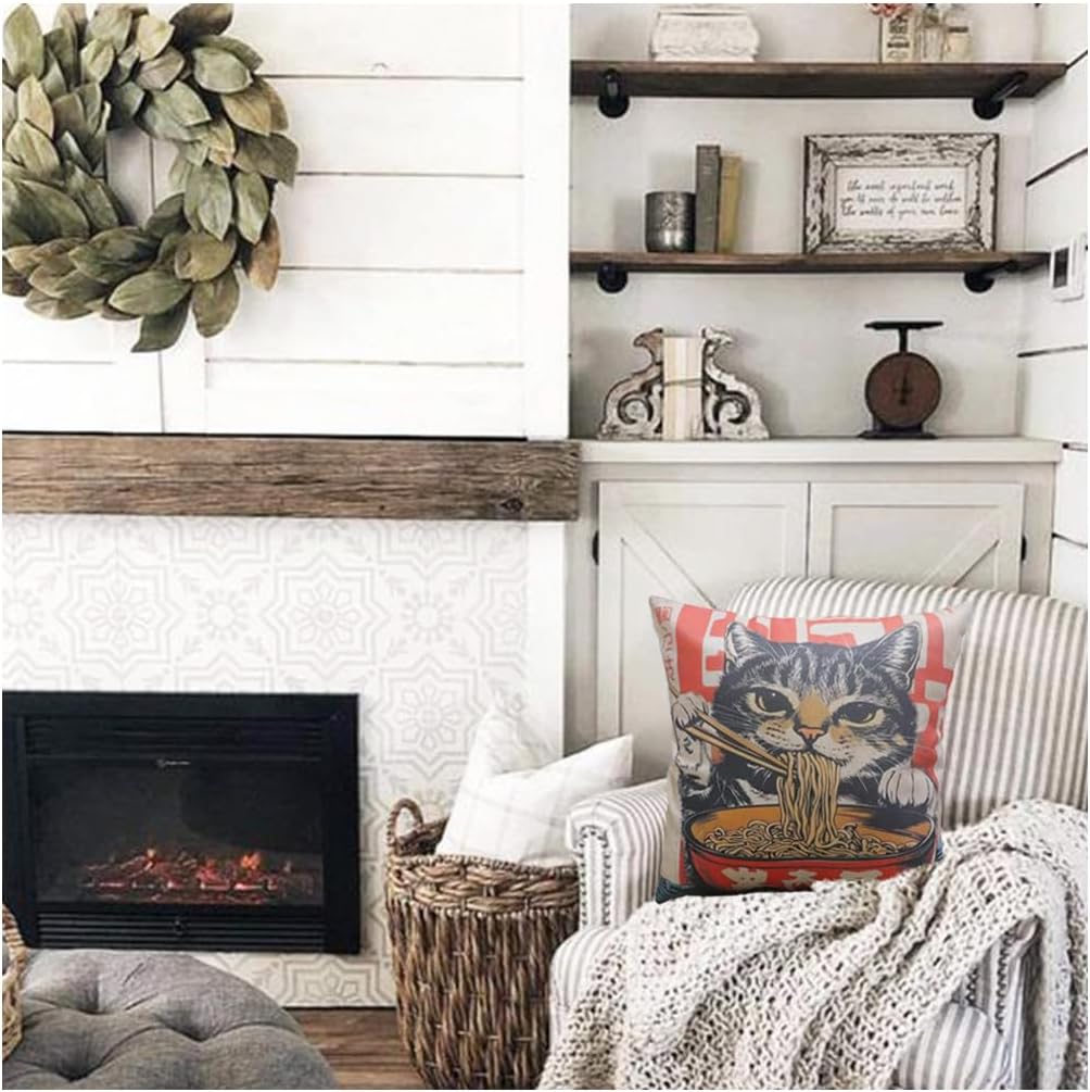 Vintage Japanese Cat Pillow Cover Funny Cat Sushi Ramen Noodle Throw Pillow Covers Black Cats Pillow Cases Animal Kitty Pillowcase Cotton Linen Cushion Cover for Couch Sofa Bed 18x18 Set of 4