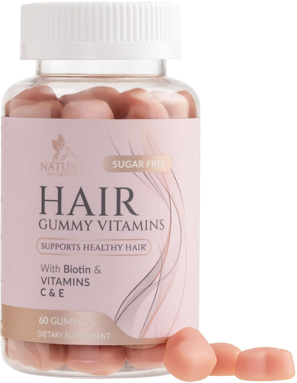 Sugar Free Hair Vitamins Gummies with Biotin 5000 mcg, Vitamin A, B12, C, D, E, Folic Acid, Supports Hair Growth Gummy, Vegetarian Friendly, Supports Strong Beautiful Hair and Nails - 60 Gummies