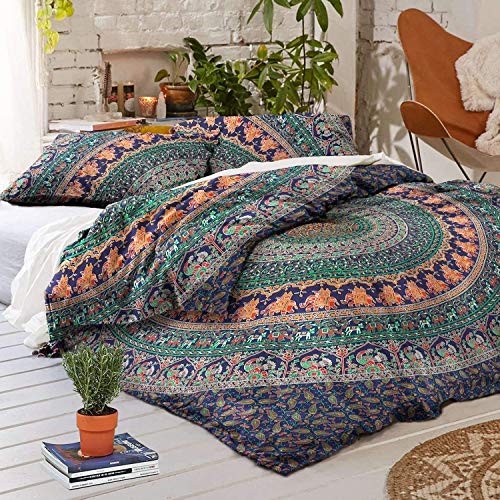 Rubellite Dark Blue Indian Elephant Mandala Duvet Cover King Size Boho Bedding Set Bedspread Cotton Blanket Throw and Two Pillowcase (King)