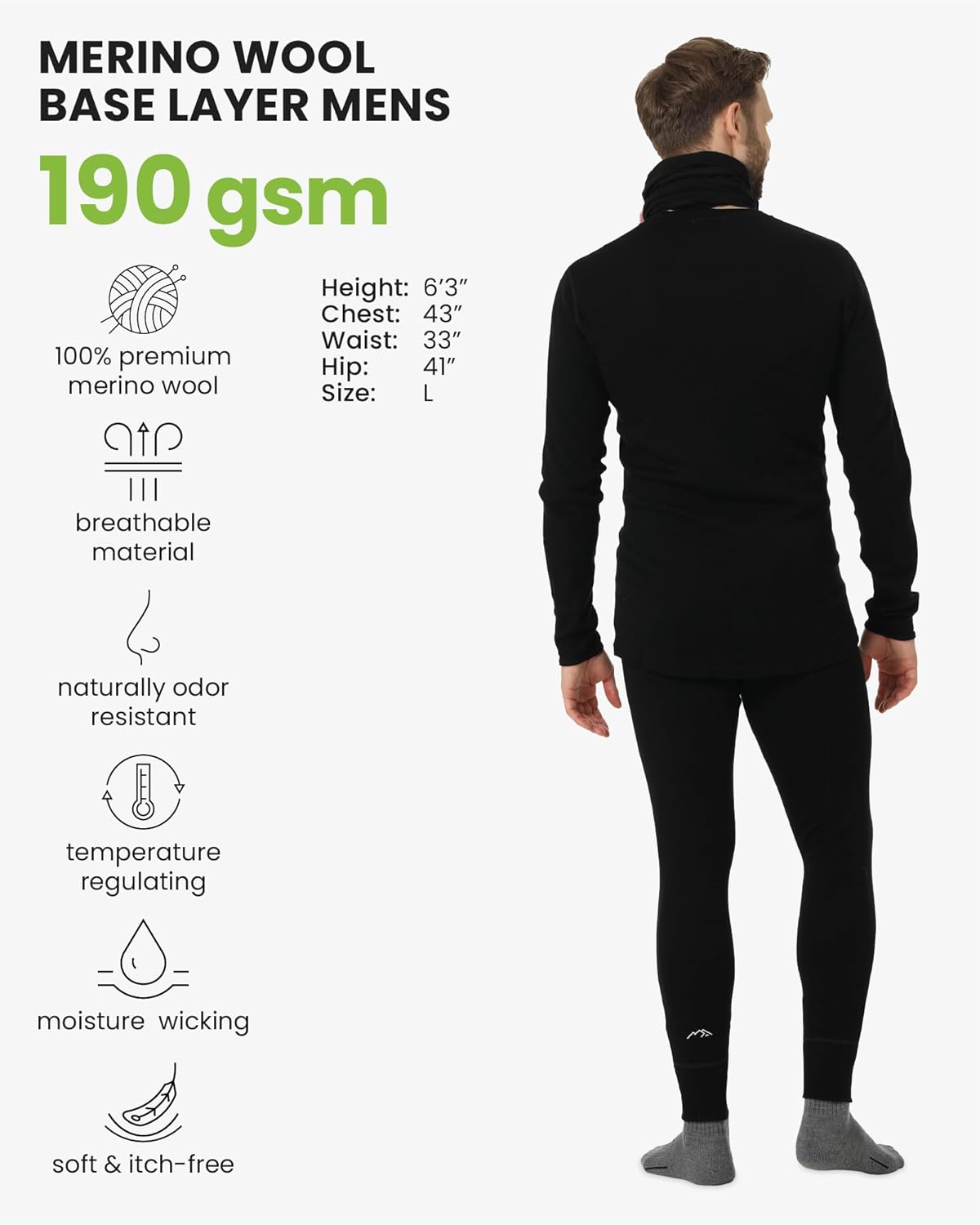 Merino Wool Thermal Underwear Set for Men with Gaiters – Base Layer Top & Pants