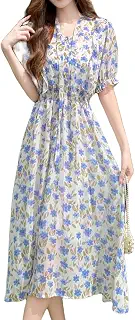 [Collecala] 夏服 レディース Vネック花柄ウエスト絞りふんわりロングワンピース 大人ガーリーチュニックワンピース サマーシフォン 裏地付き 涼しいdressaラインワンピース