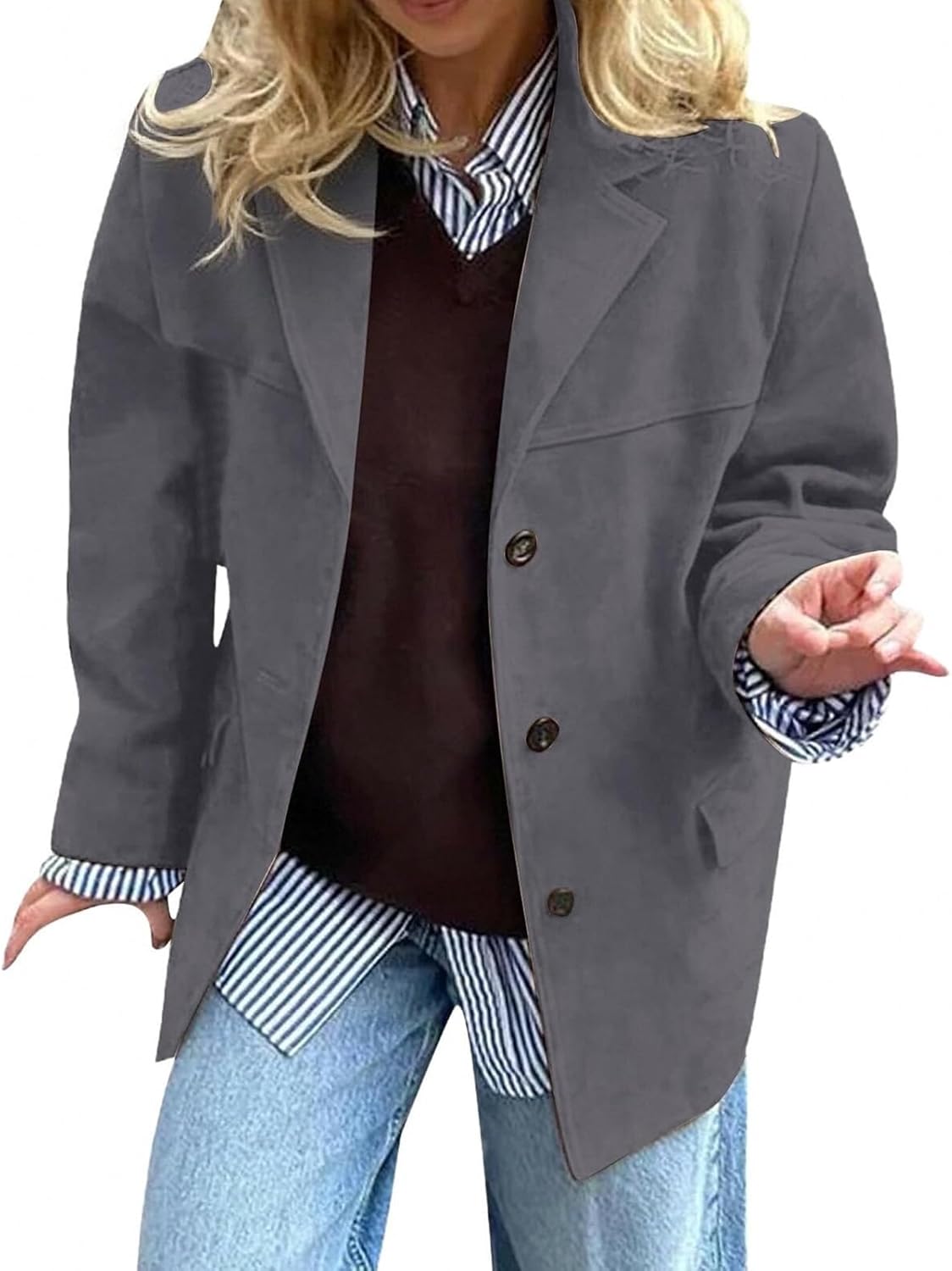 Faux Suede Jacket Women Faux Leather Blazer Jackets Lapel Long Sleeve Work Office Jacket Coats Button Down Shackets