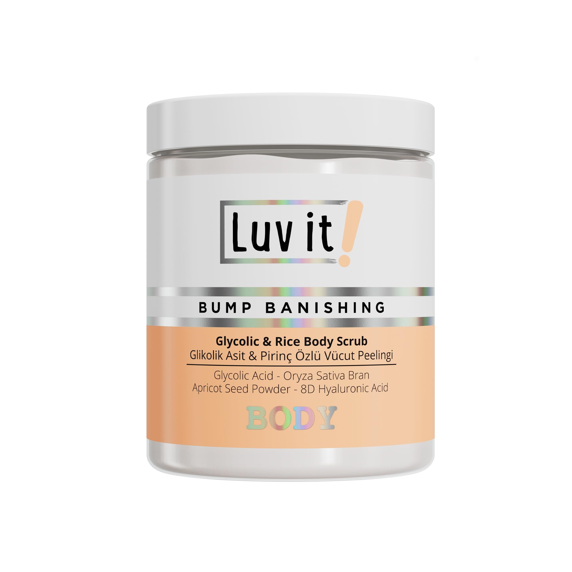 Luv it! Exfoliante corporal con extracto de arroz, ácido hialurónico y núcleo de albaricoque, 250 ml, AHA Body Scrub para pieles normales, secas y sensibles