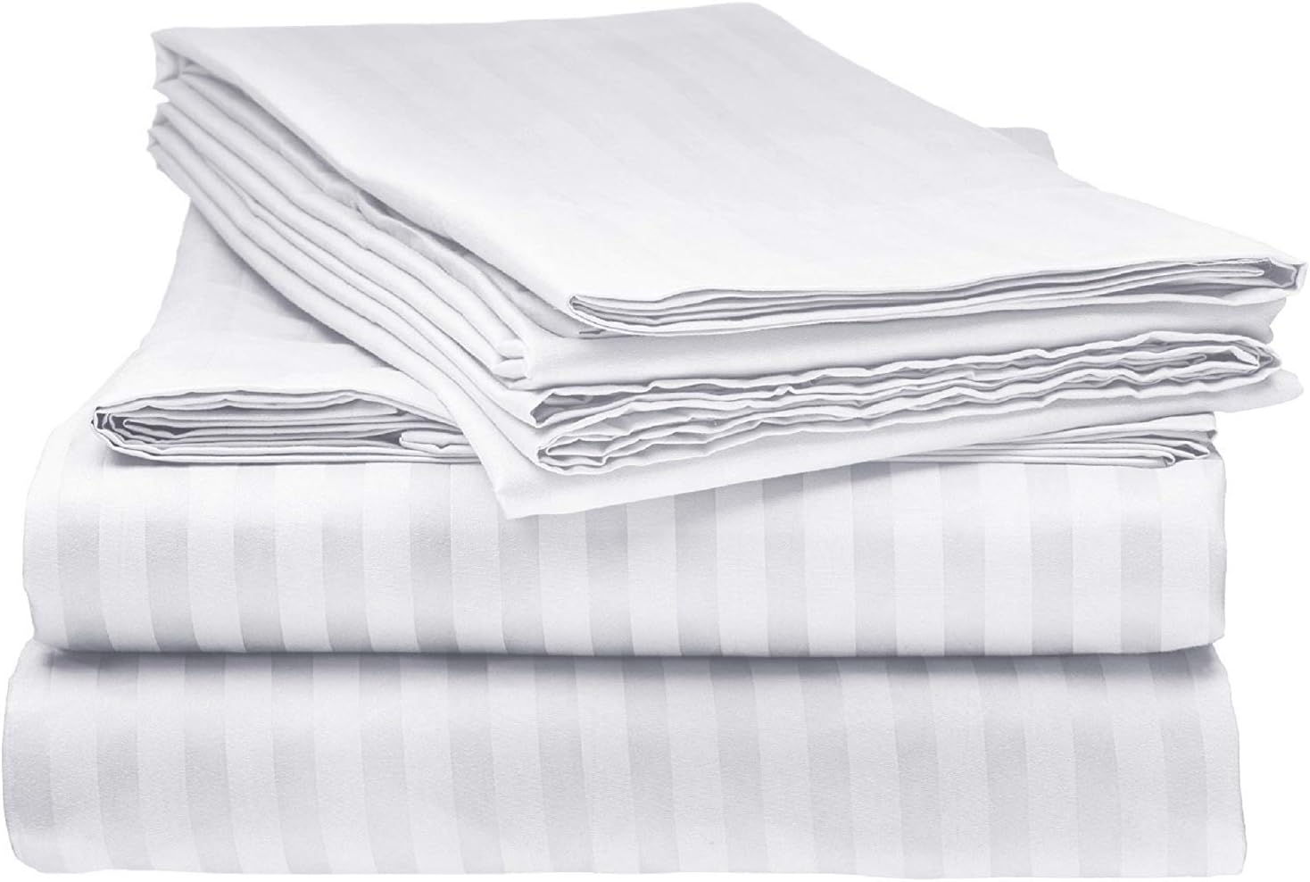 800 Series Organic Cotton Elegant Damask Dobby Stripped 16 inches 4 PC Sheet Set (1 Flat Sheet, 1 Fitted Sheet, 2 Pillowcases) Soft & Easy Care, White, Full
