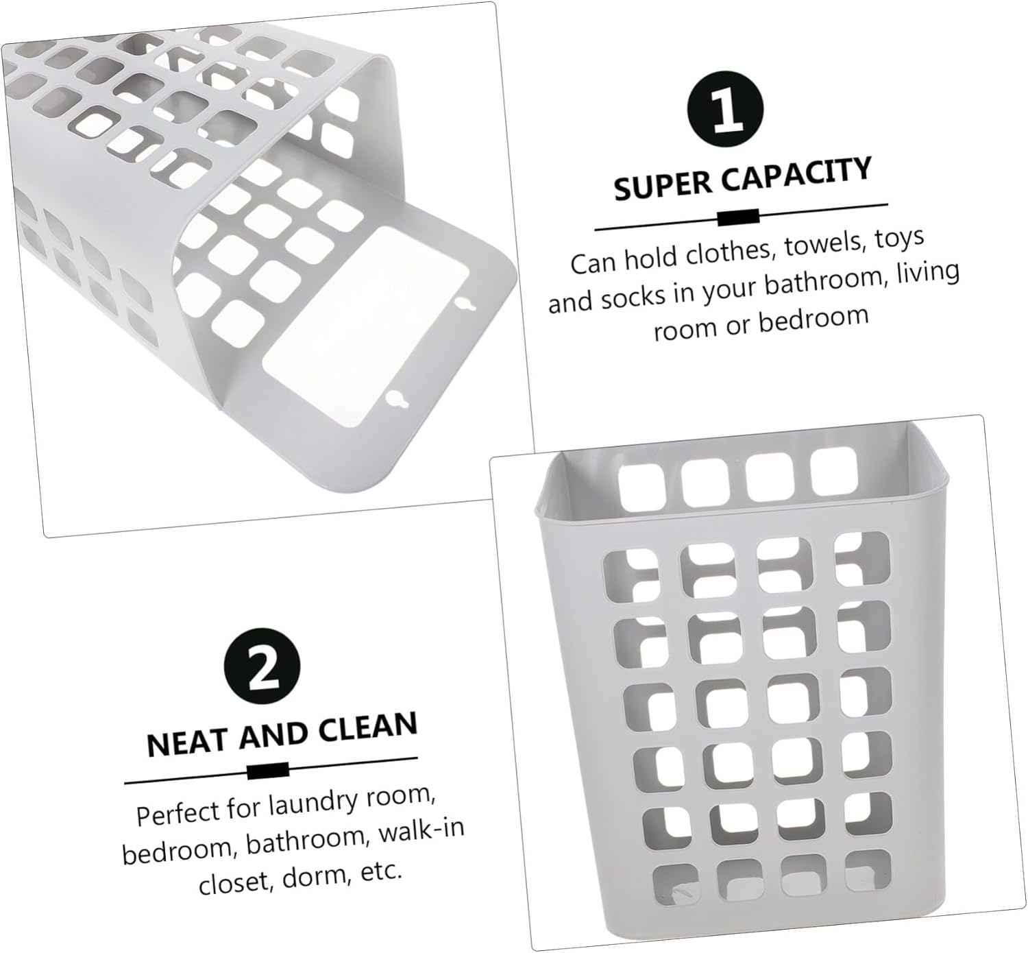 Foldable Plastic Laundry Basket Large Grey Hanging Storage Organizer for Household Clothes Towels Space-saving Detachable Laundry Hamper for Bathroom Bedroom Dorm Closet